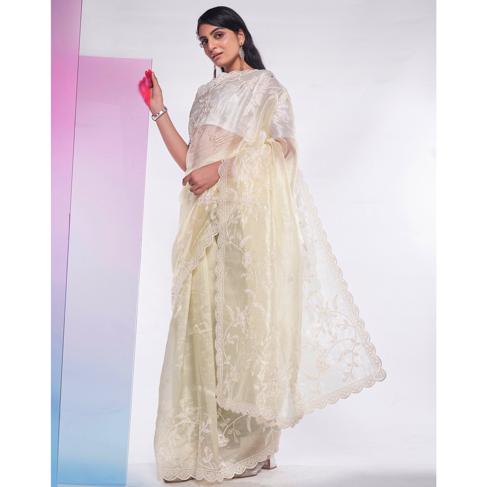 Light Yellow Floral Embroidered Organza Saree