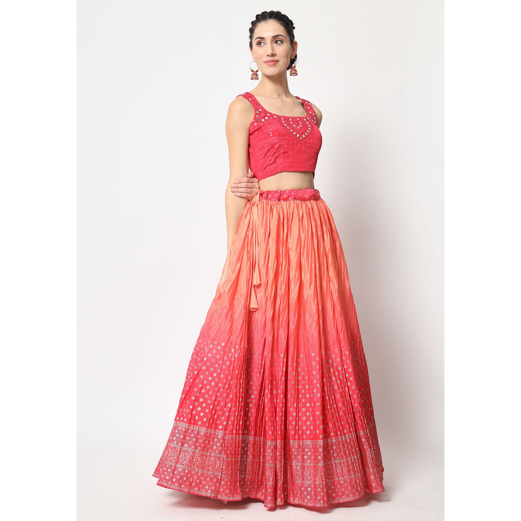Peach & Pink Foil Printed Chiffon Lehenga Choli