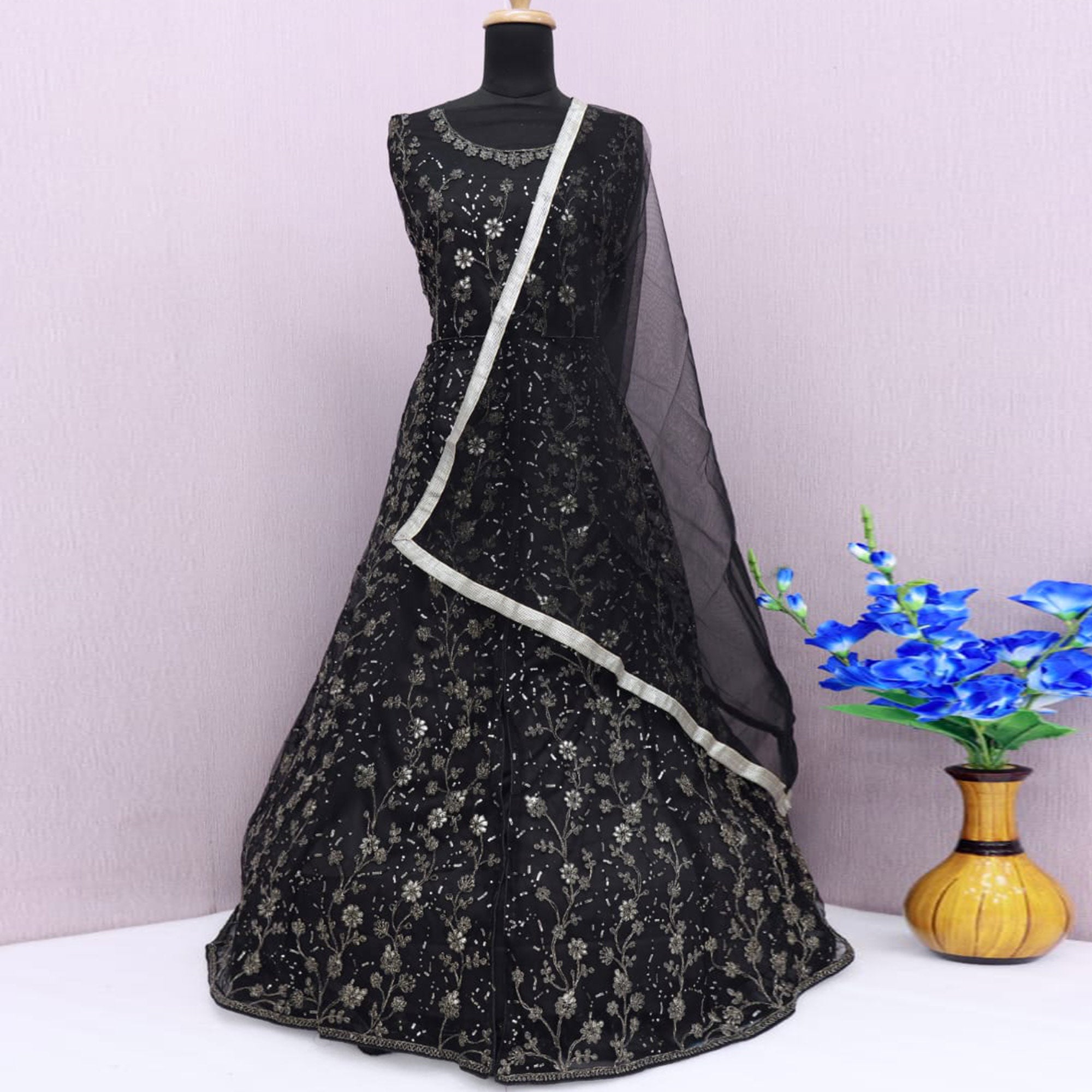 Black Zardosi Work Netted Gown