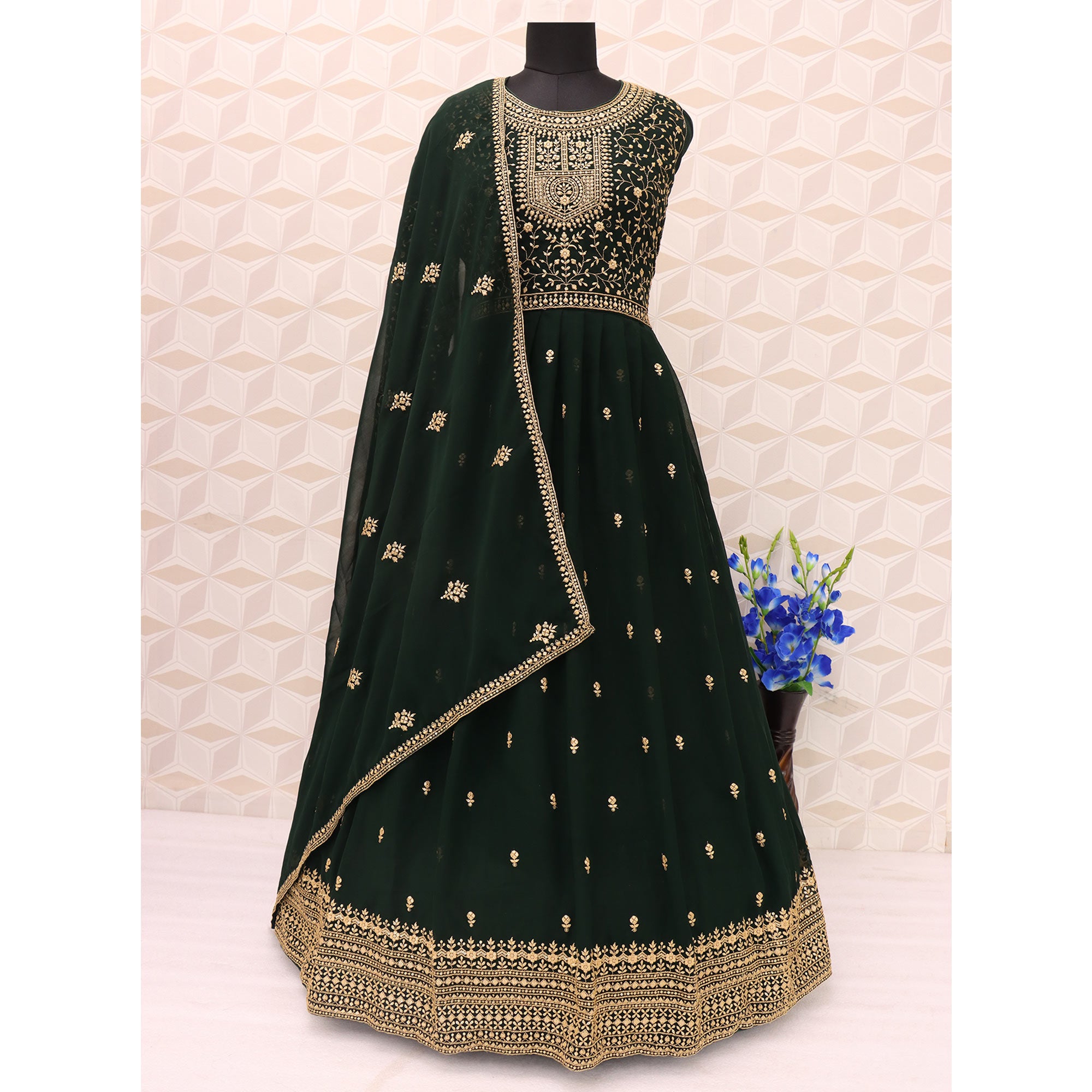 Dark Green Floral Sequins Embroidered Georgette Semi Stitched Anarkali Suit