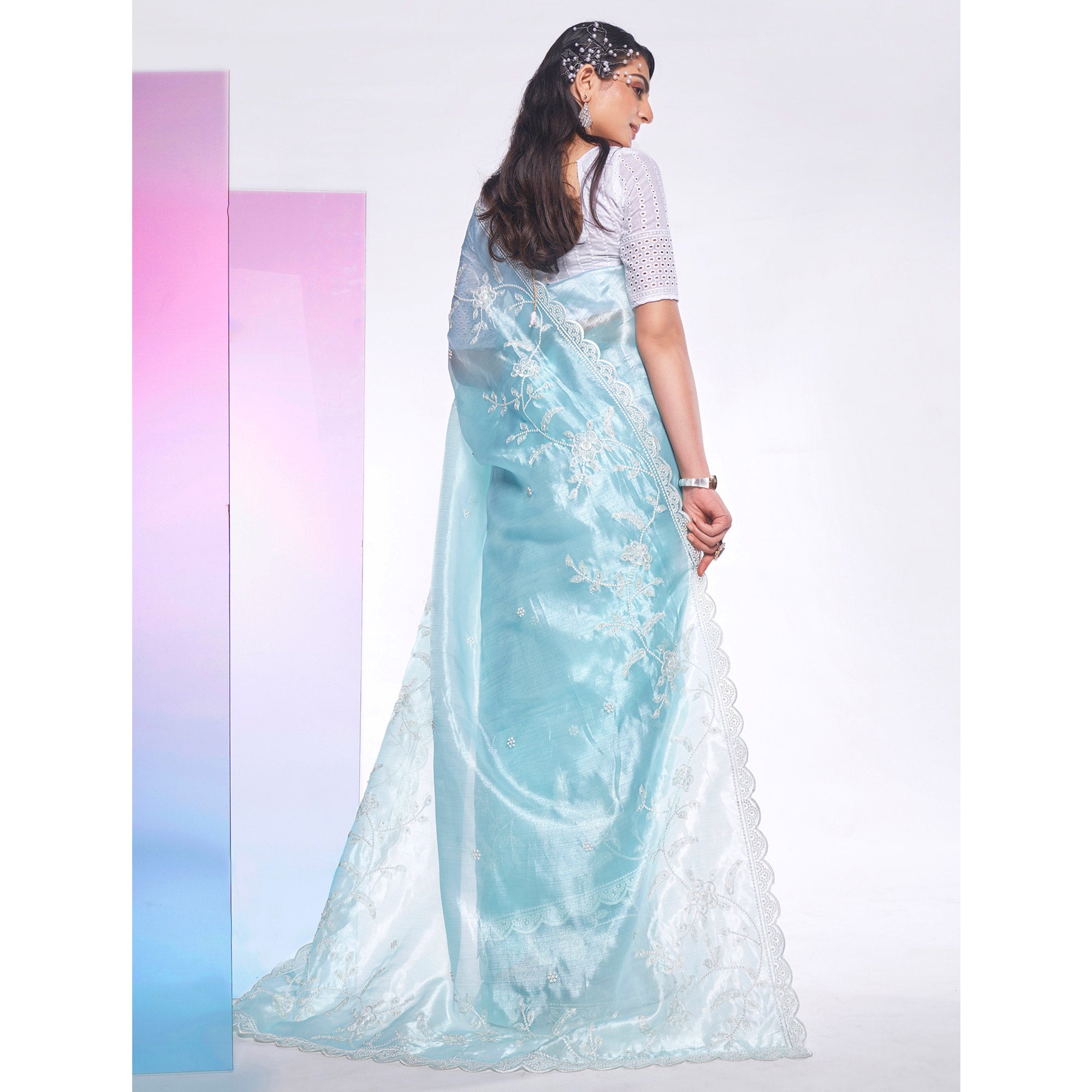 Blue Floral Embroidered Organza Saree