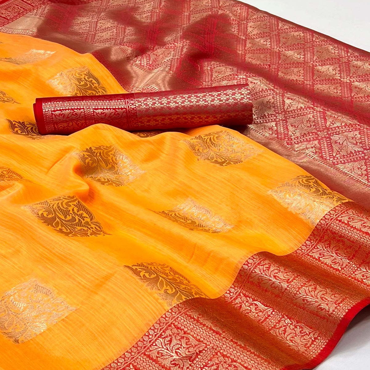 Orange Woven Linen Saree With Tassels