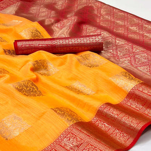 Orange Woven Linen Saree With Tassels