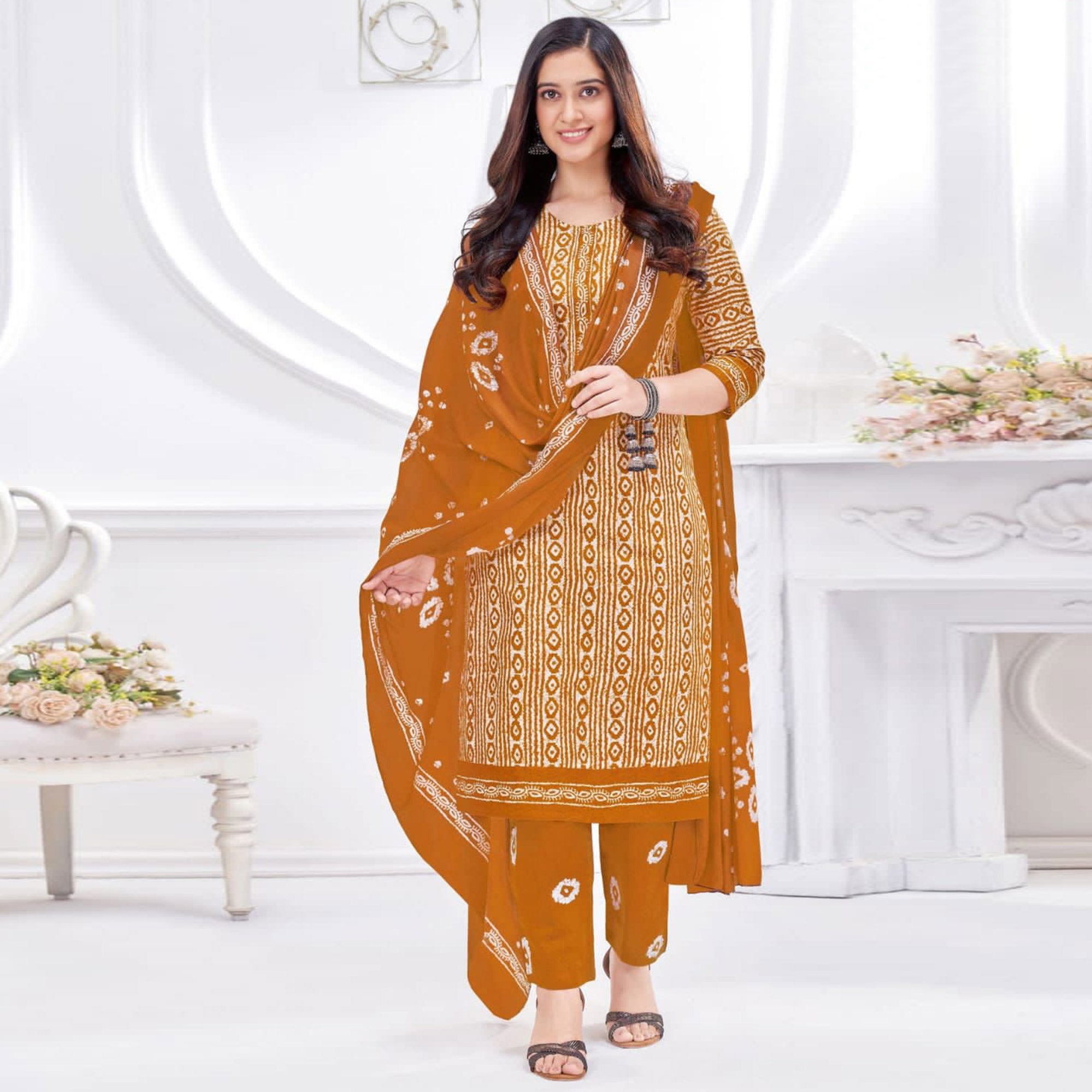Mustard Printed Cotton Suit
