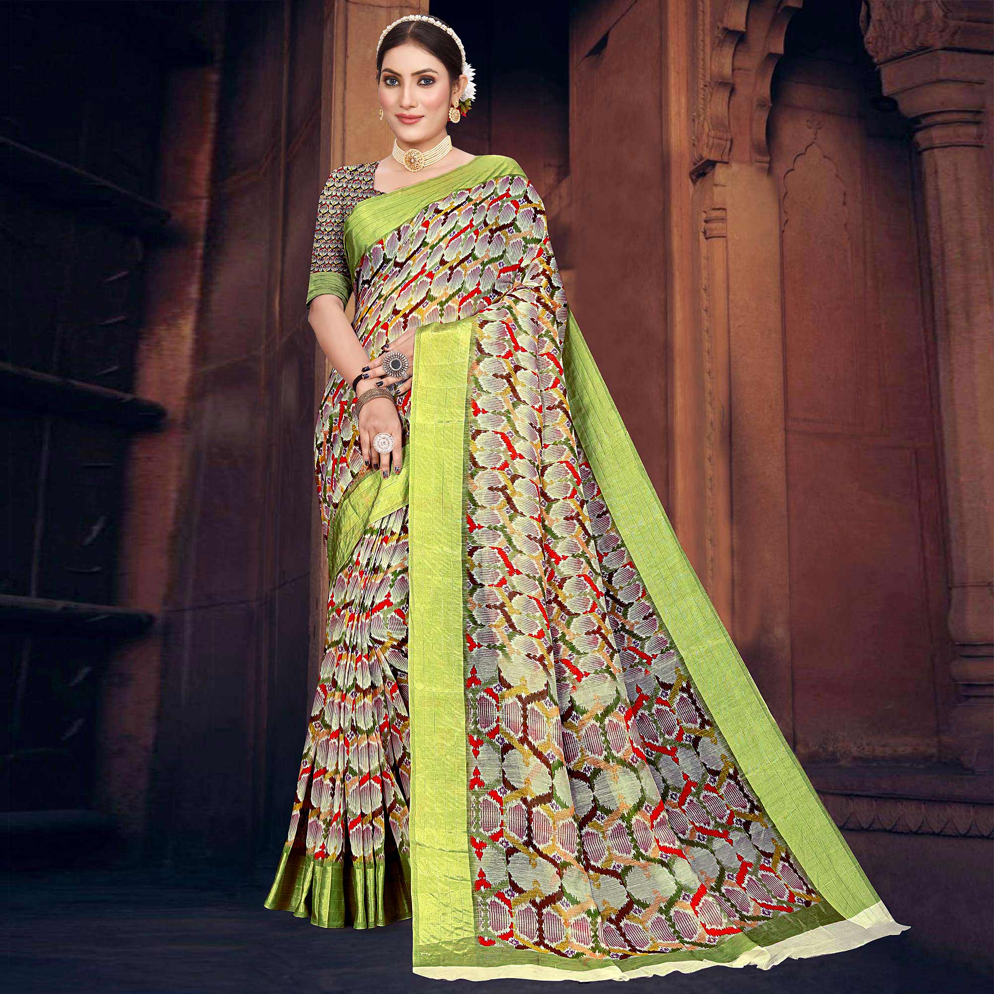 Green Digital Printed Cotton Blend Saree