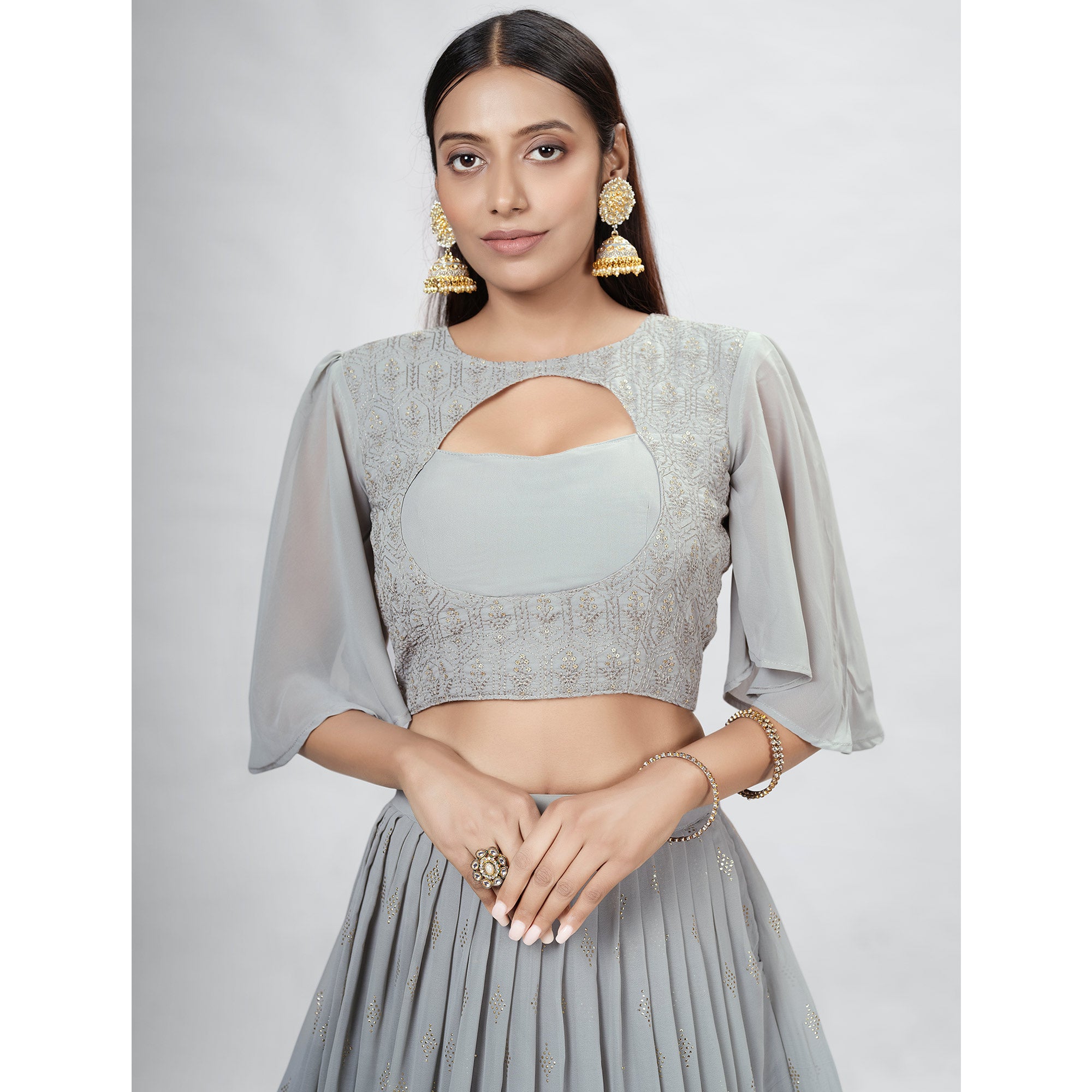 Grey Embellished With Embroidered Georgette Lehenga Choli