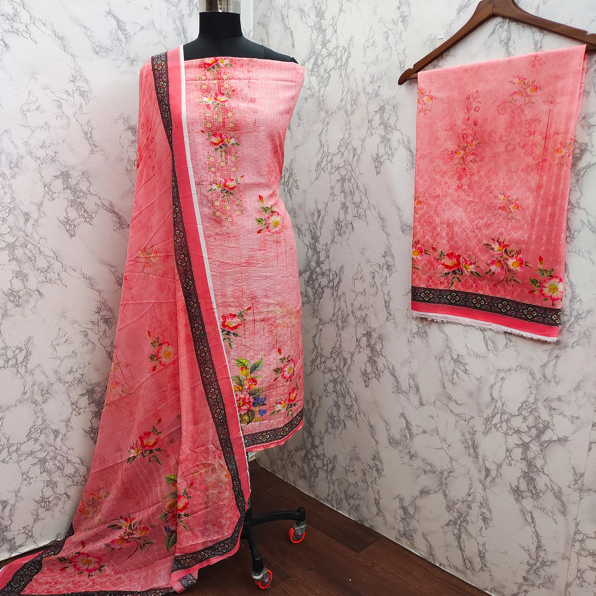 Pink Floral Digital Printed Muslin Dress Material