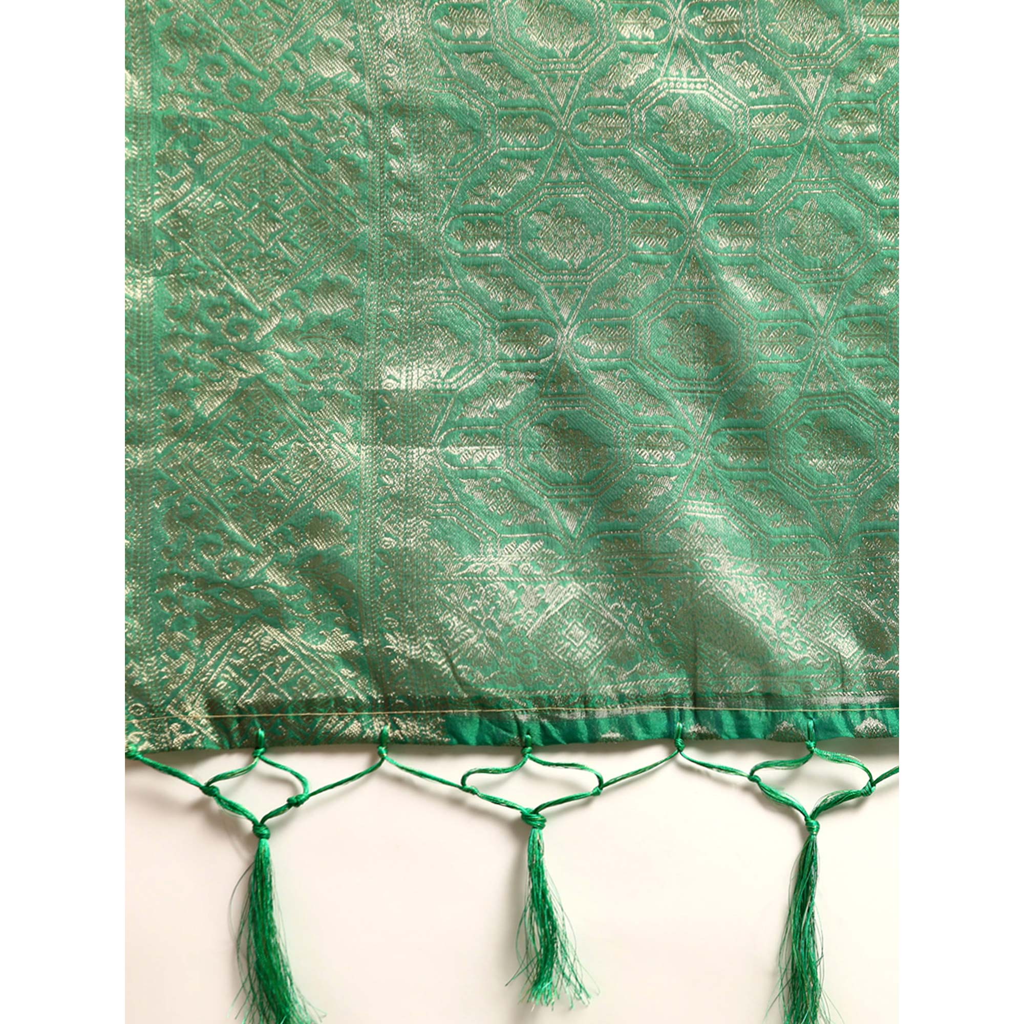 Green Woven Organza Silk Saree With Tassels