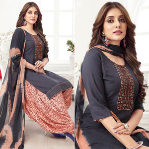 Dark Grey Embroidered Rayon Patiala Suit