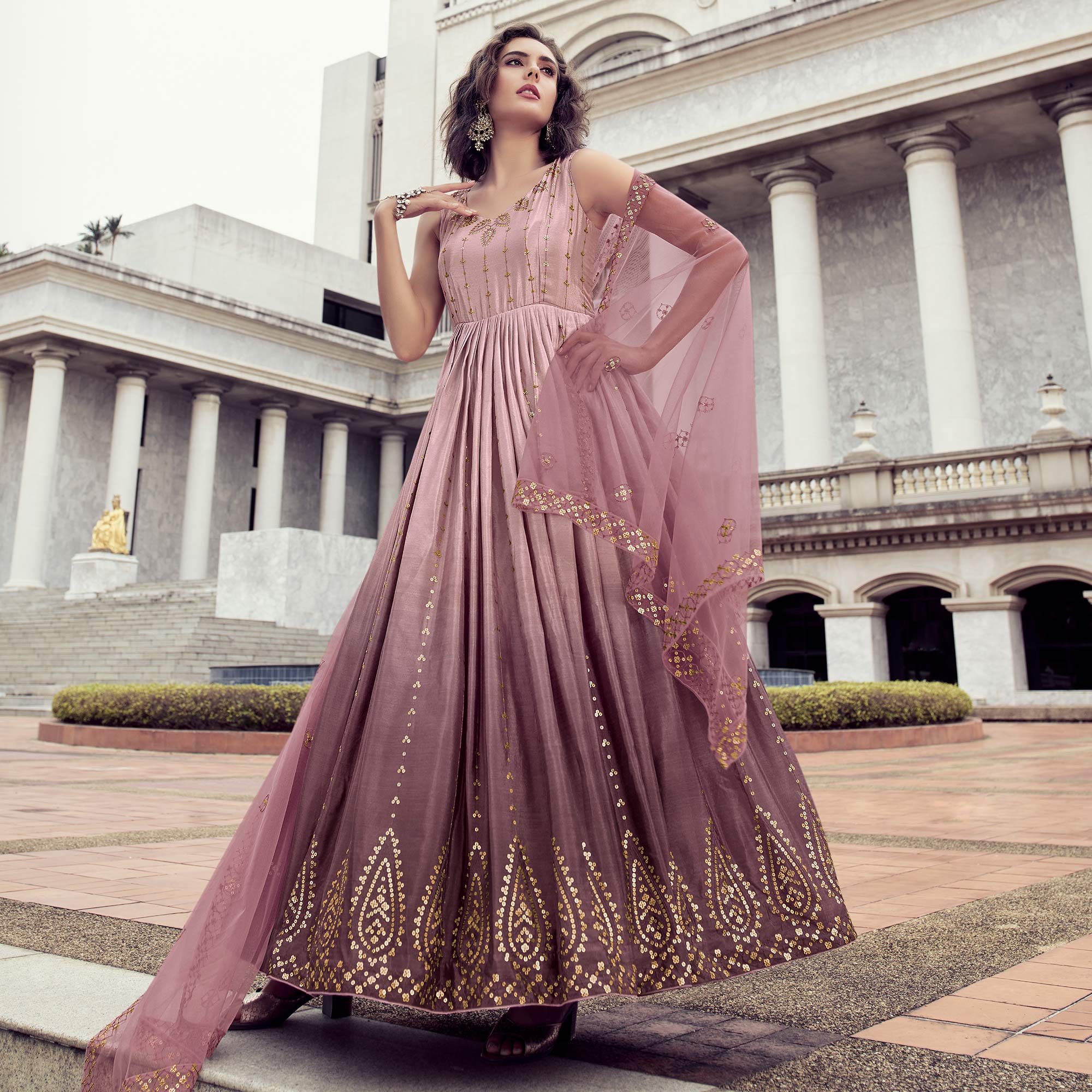 Dusty Pink Sequins Embroidered Chiffon Gown