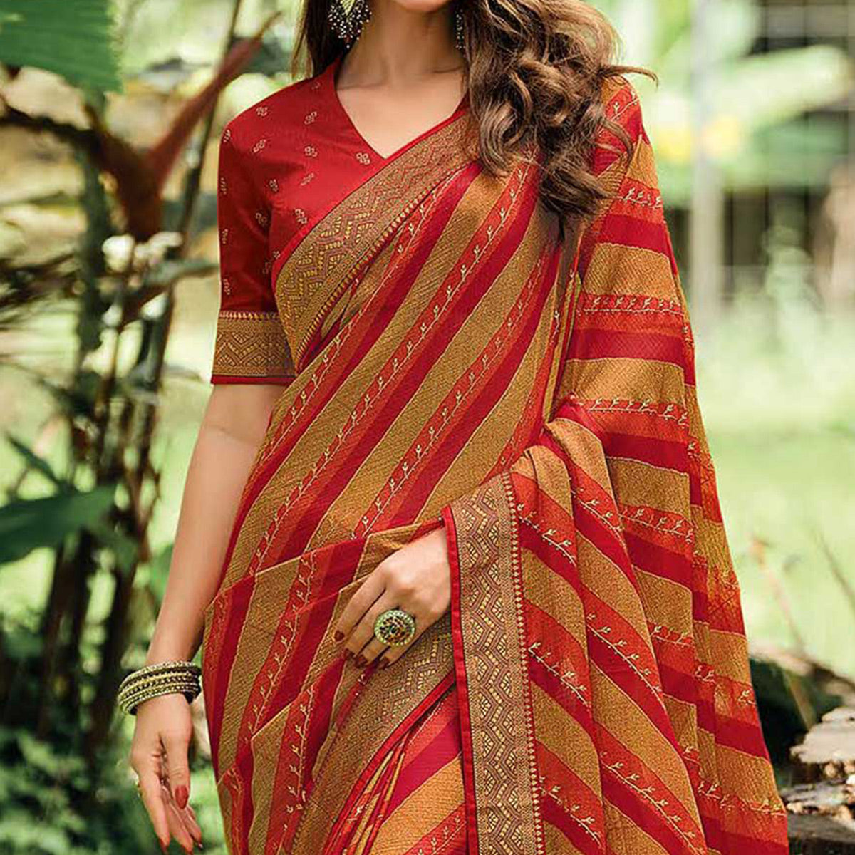 Red & Chikoo Foil Printed Chiffon Saree