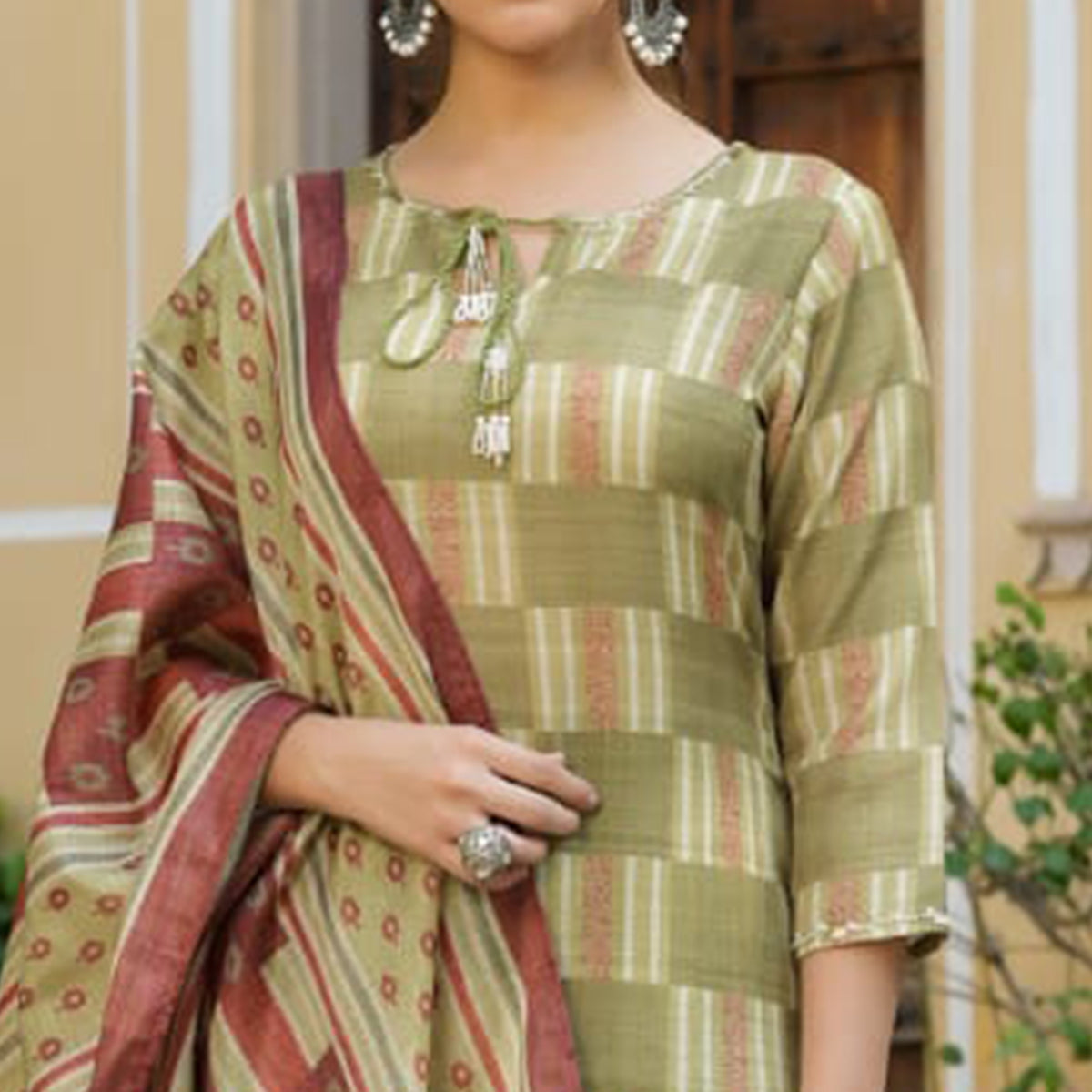 Mehendi Green Checked Printed Rayon Suit