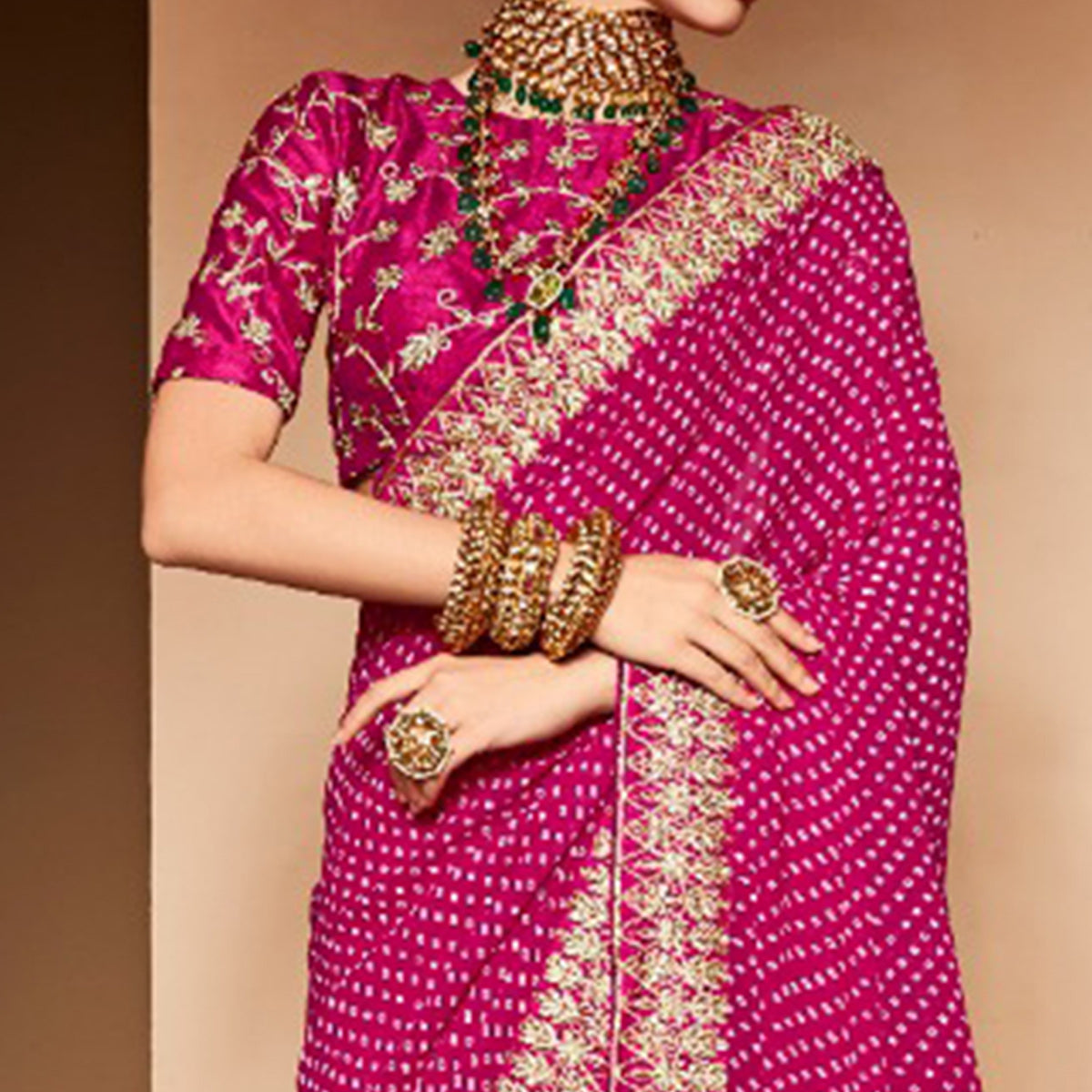Rani Pink Bandhani Printed With Embroidered Border Georgette Saree