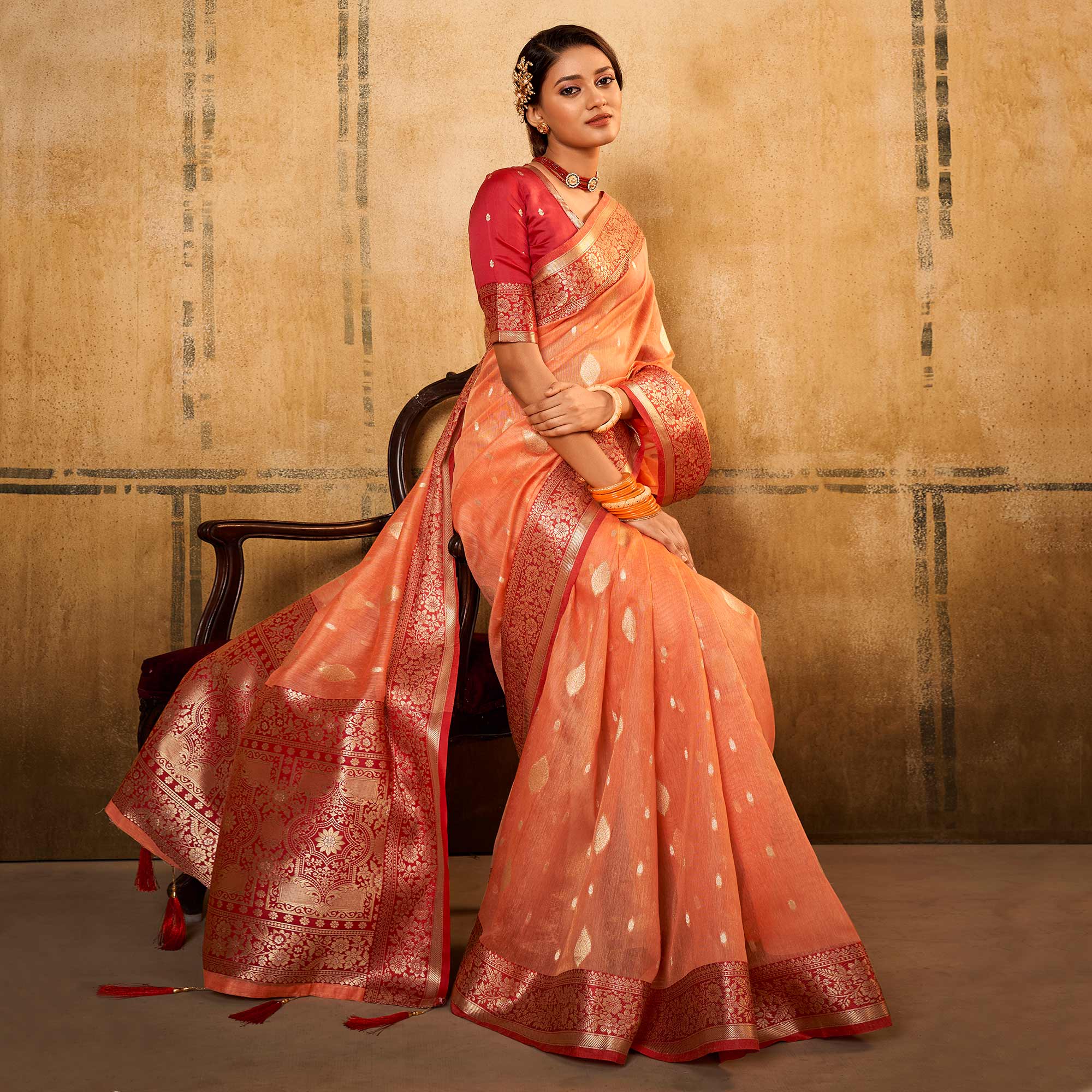 Peach Woven Tissue Saree