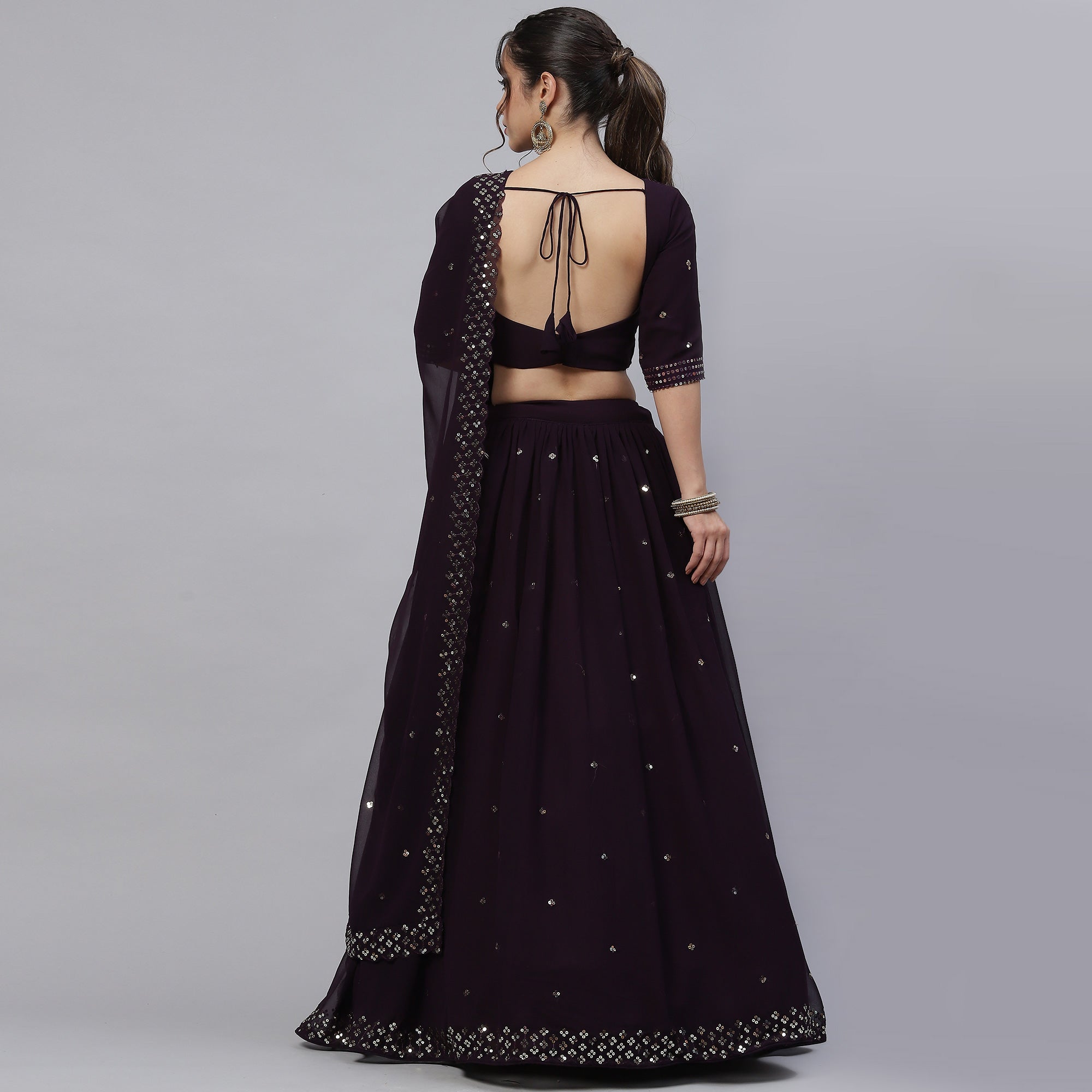 Dark Purple Sequins Embroidered Georgette Lehenga Choli