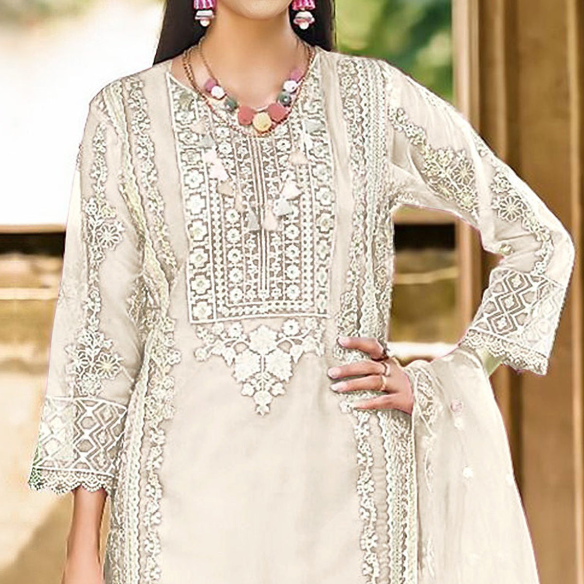 White Floral Embroidered Organza Pakistani Suit