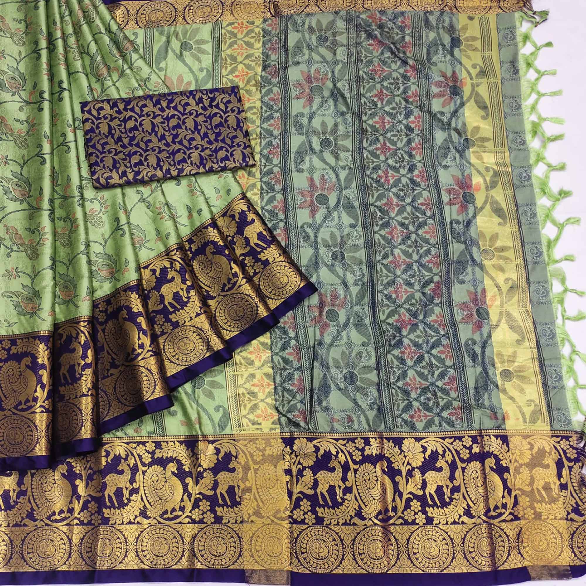 Pista Green Printed With Woven Border Cotton Silk Saree