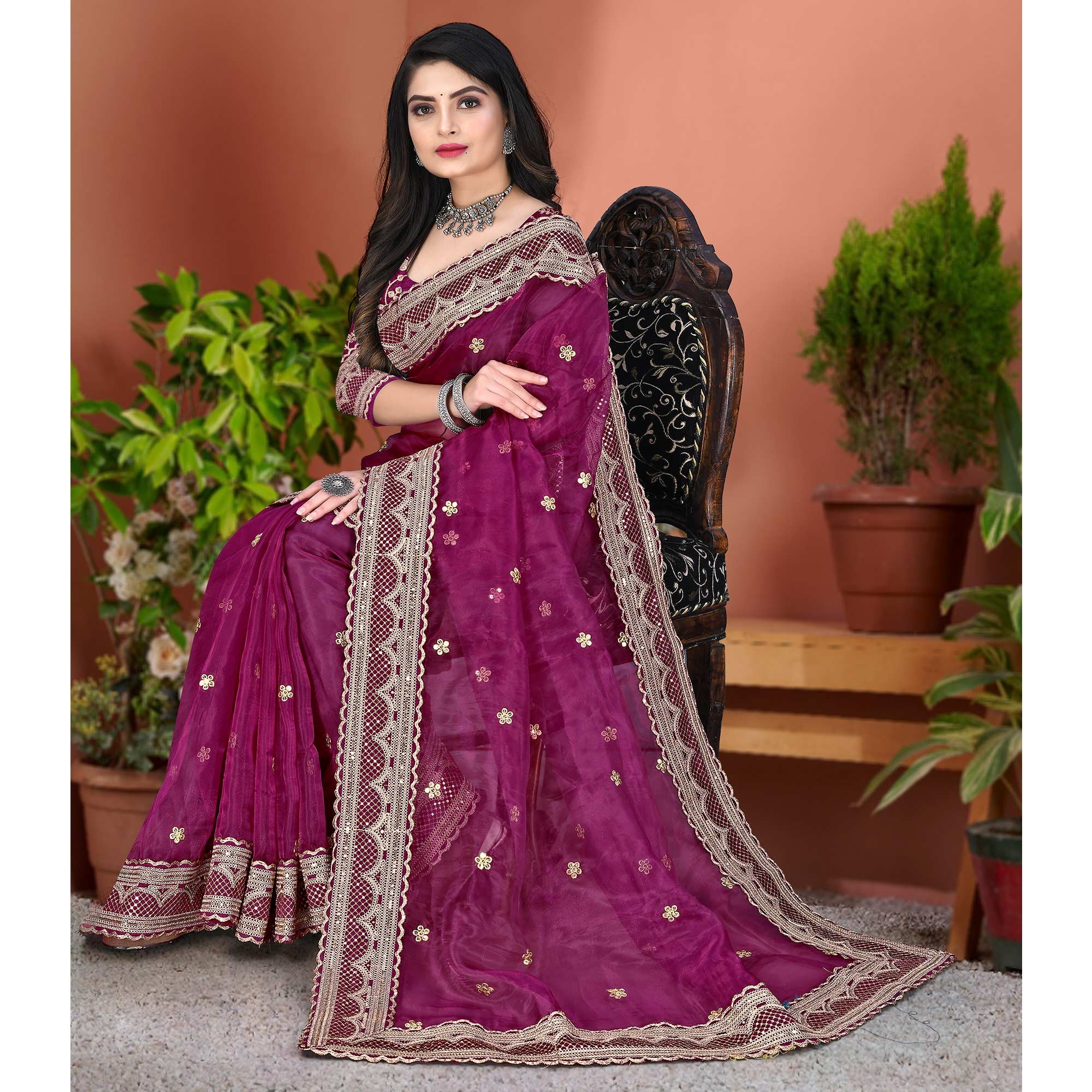 Purple Sequence Emroidered Organza Saree