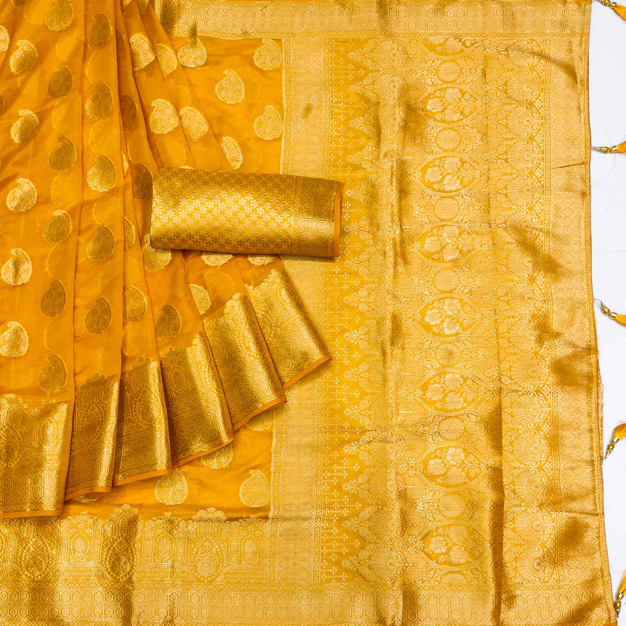 Yellow Woven Organza Saree With Tassels