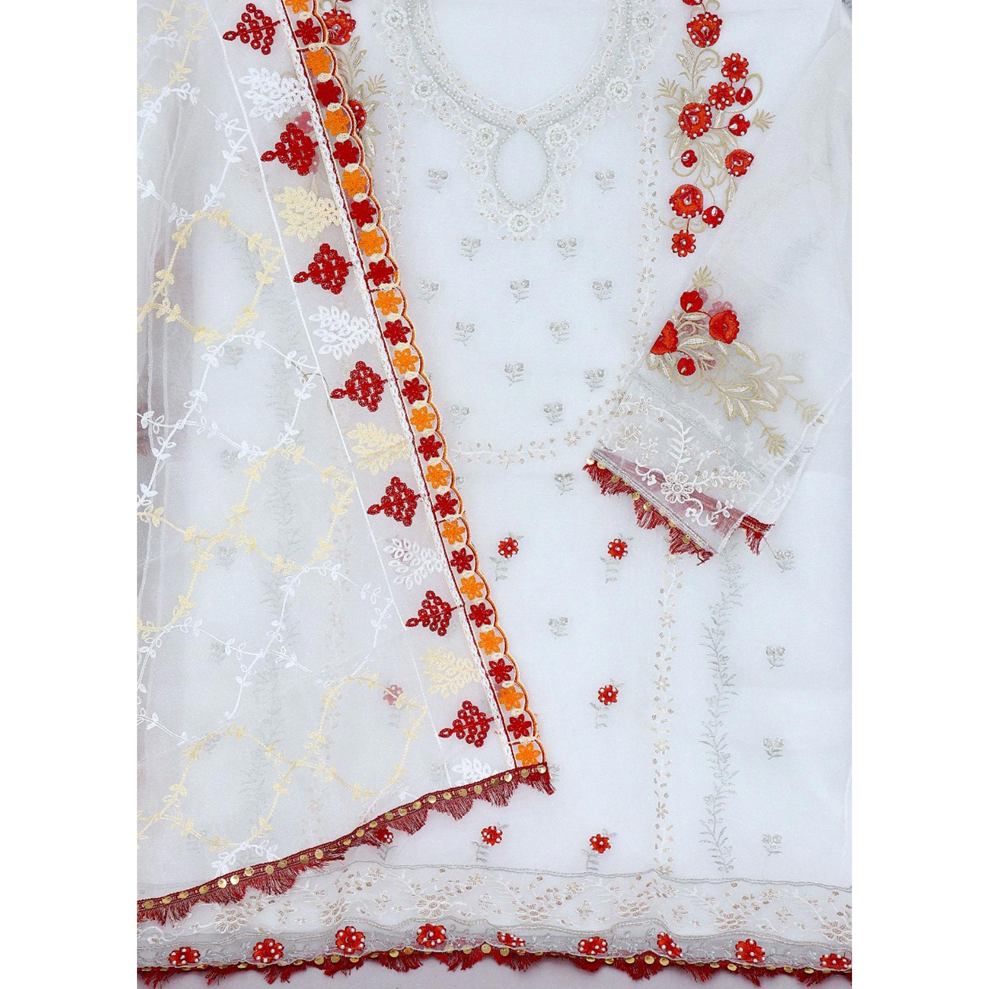 White Sequins Embroidered Organza Pakistani Suit