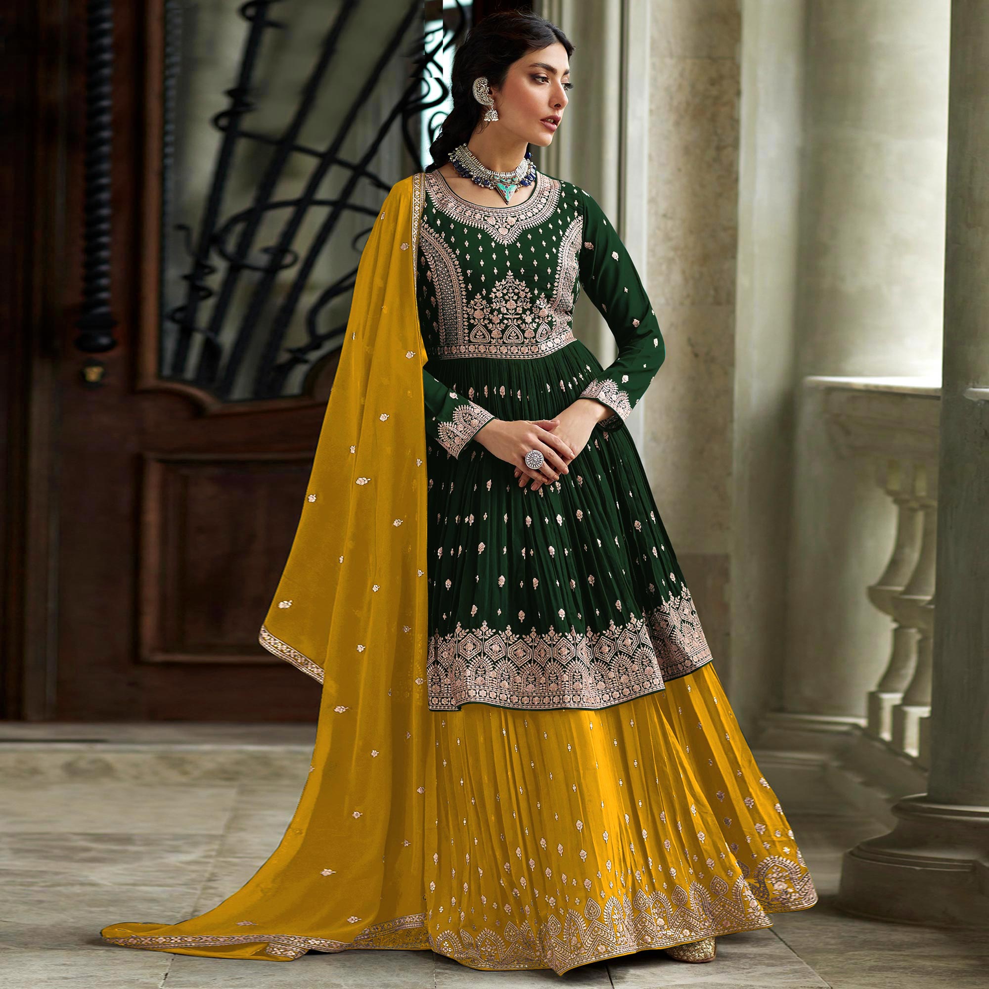 Green Floral Embroidered Georgette Sharara Suit