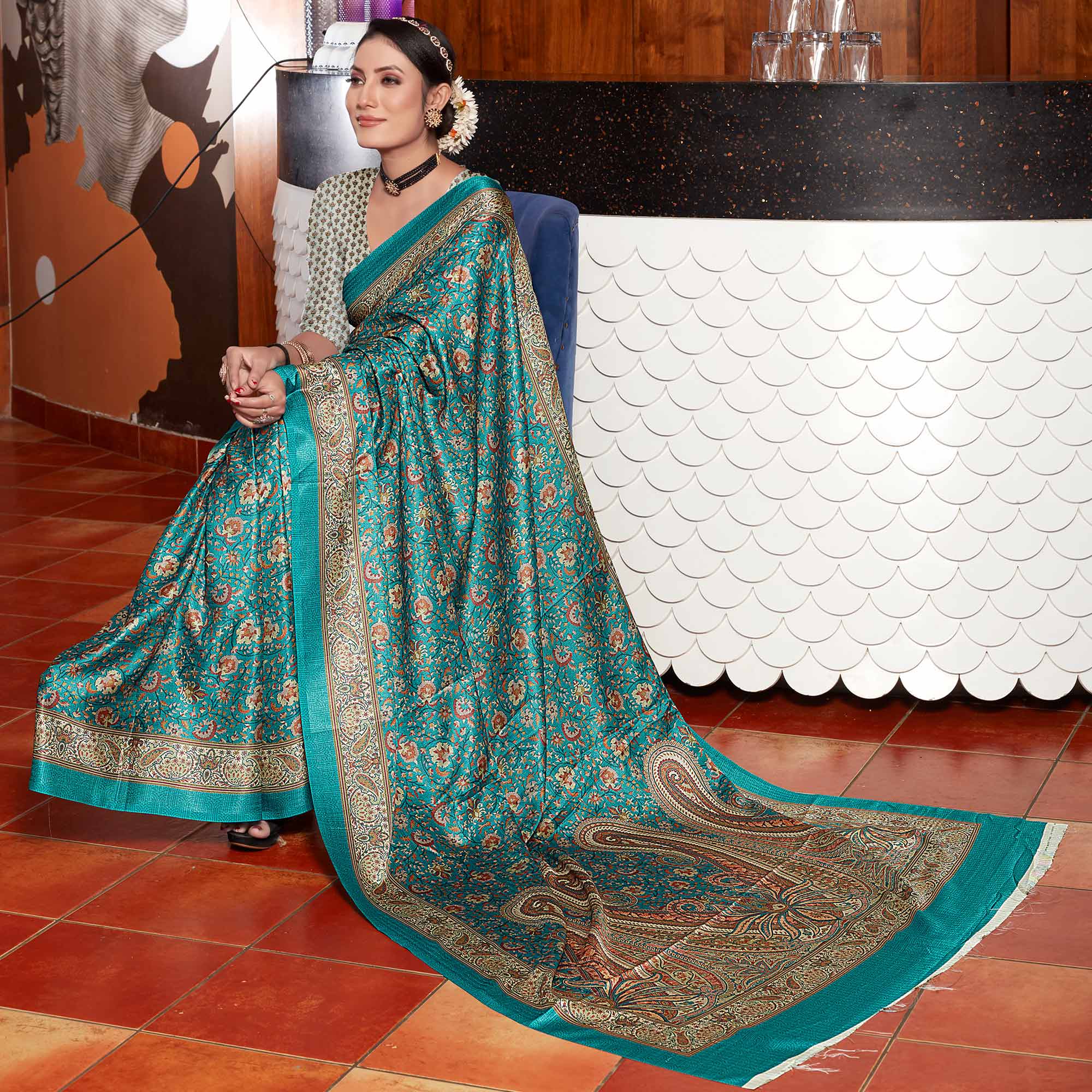 Rama Blue Digital Printed Pashmina Saree