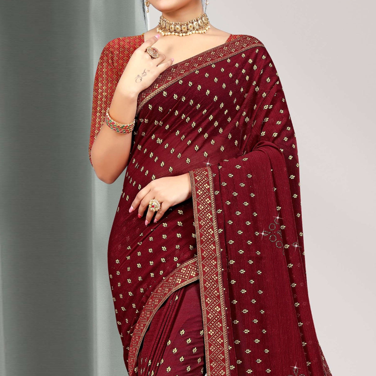 Maroon Woven Chiffon Saree