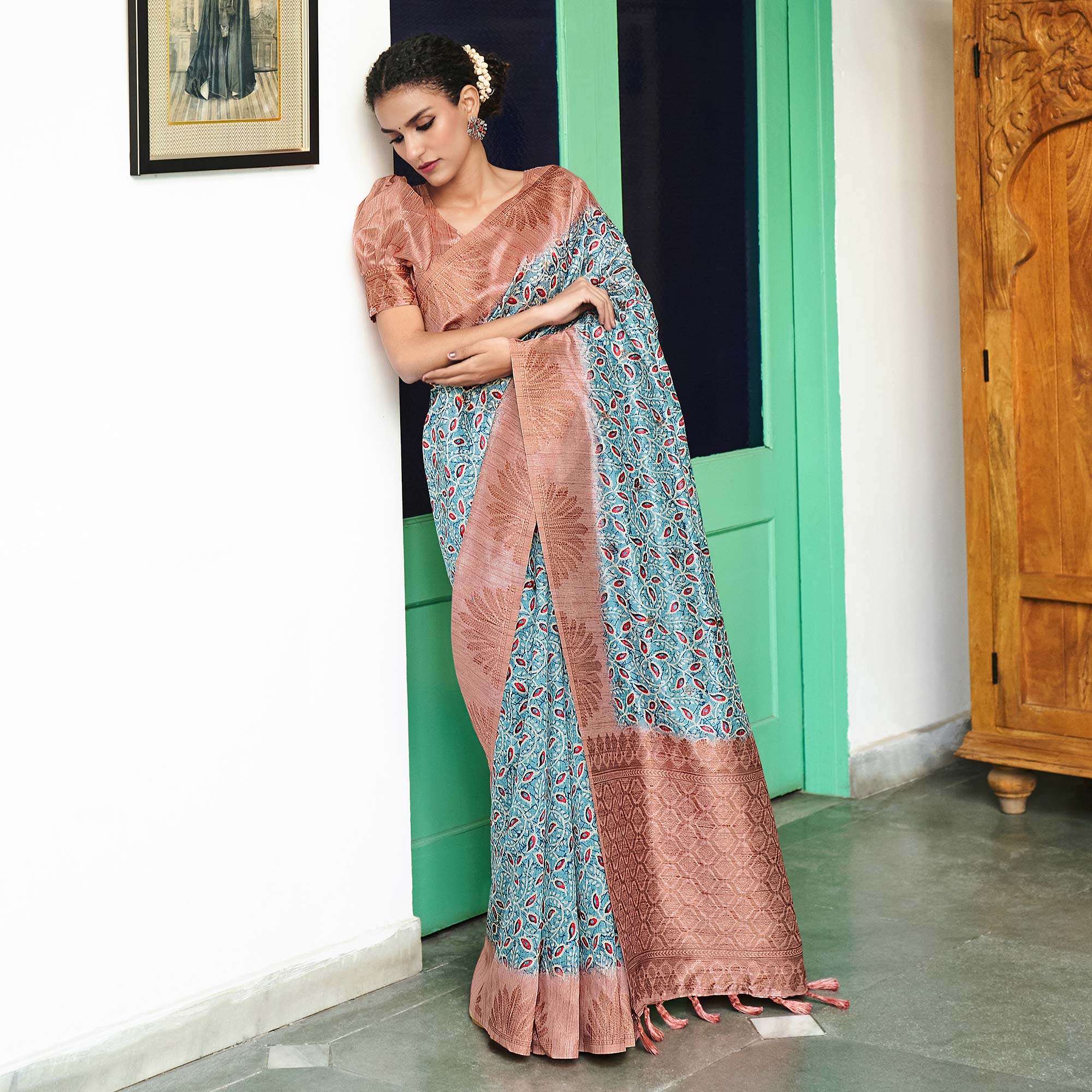 Blue Digital Printed Raw Silk Saree With Tassels