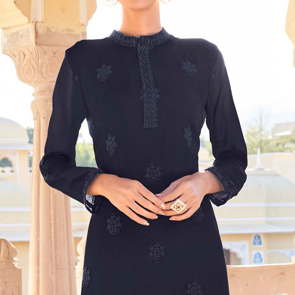 Navy Blue Lucknowi Embroidered Georgette Kurti Palazzo Set