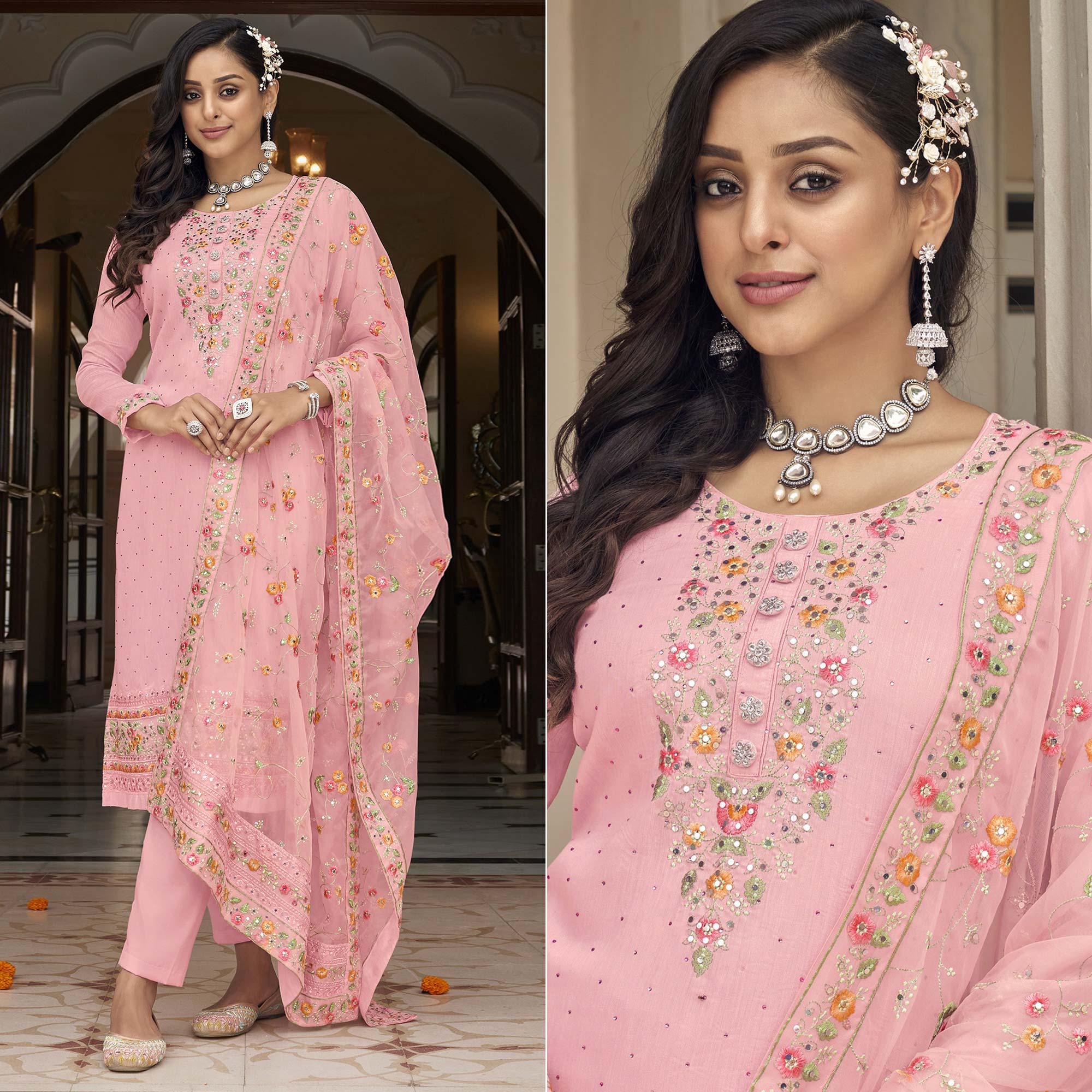 Pink Floral Embroidered Georgette Salwar Suit