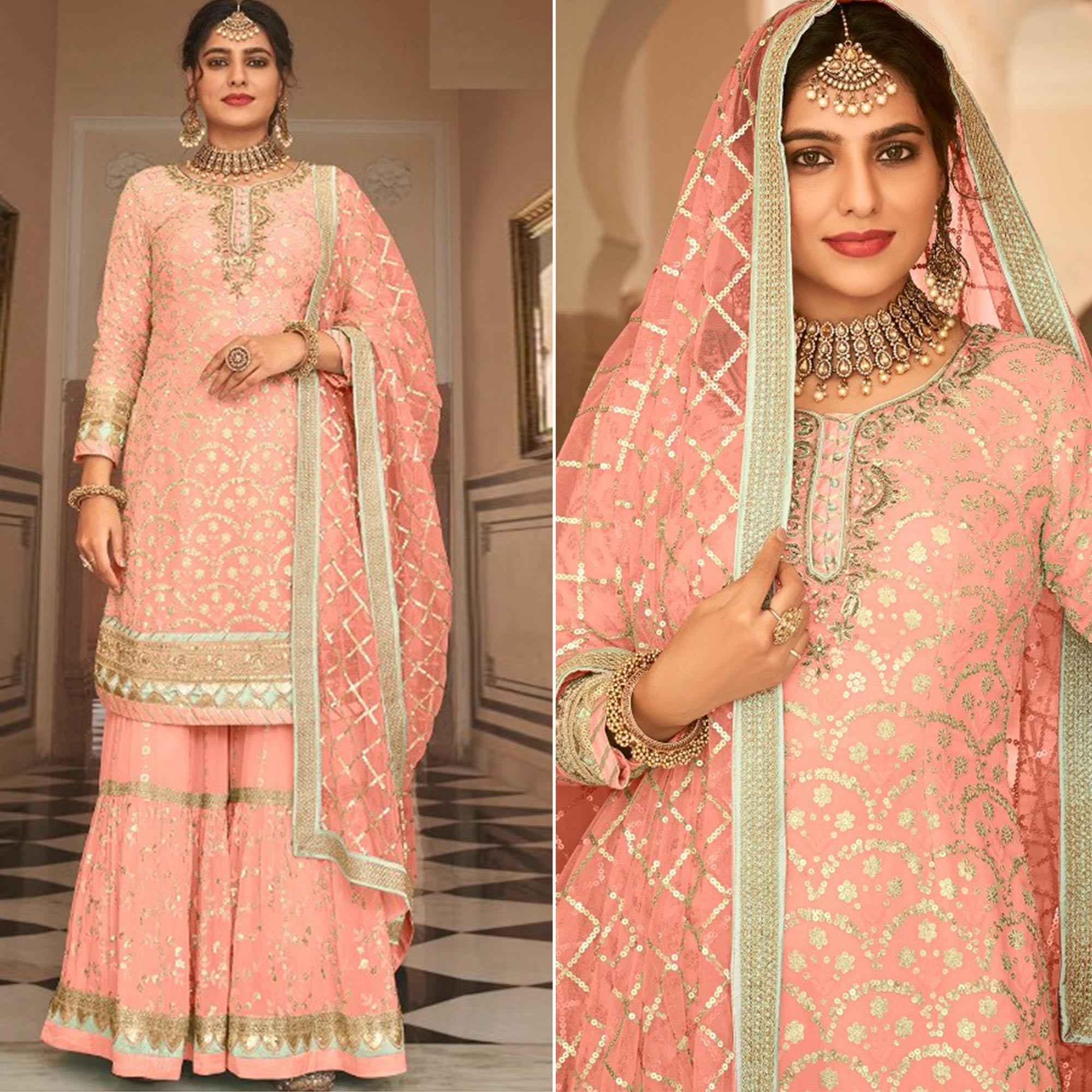 Baby Pink Woven Georgette Sharara Suit