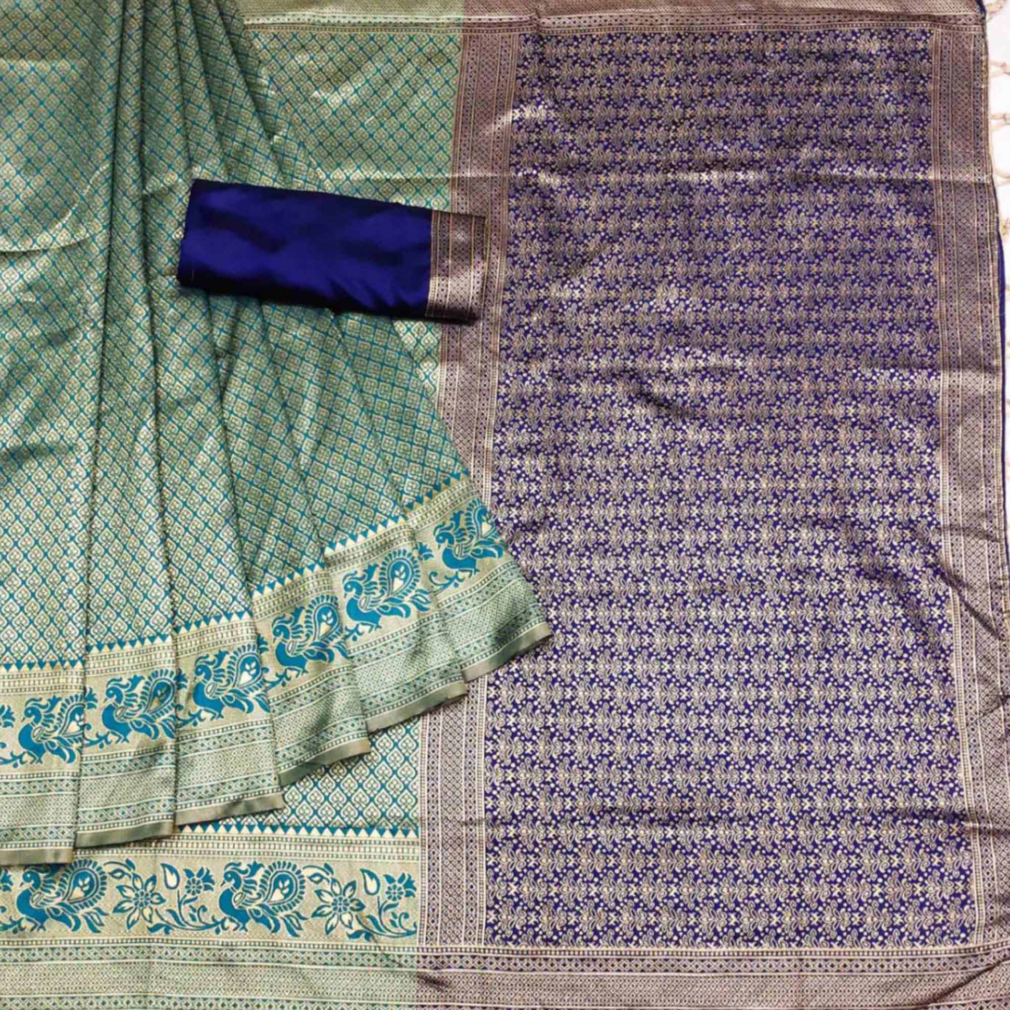 Blue Woven Jacquard Saree With Tassels