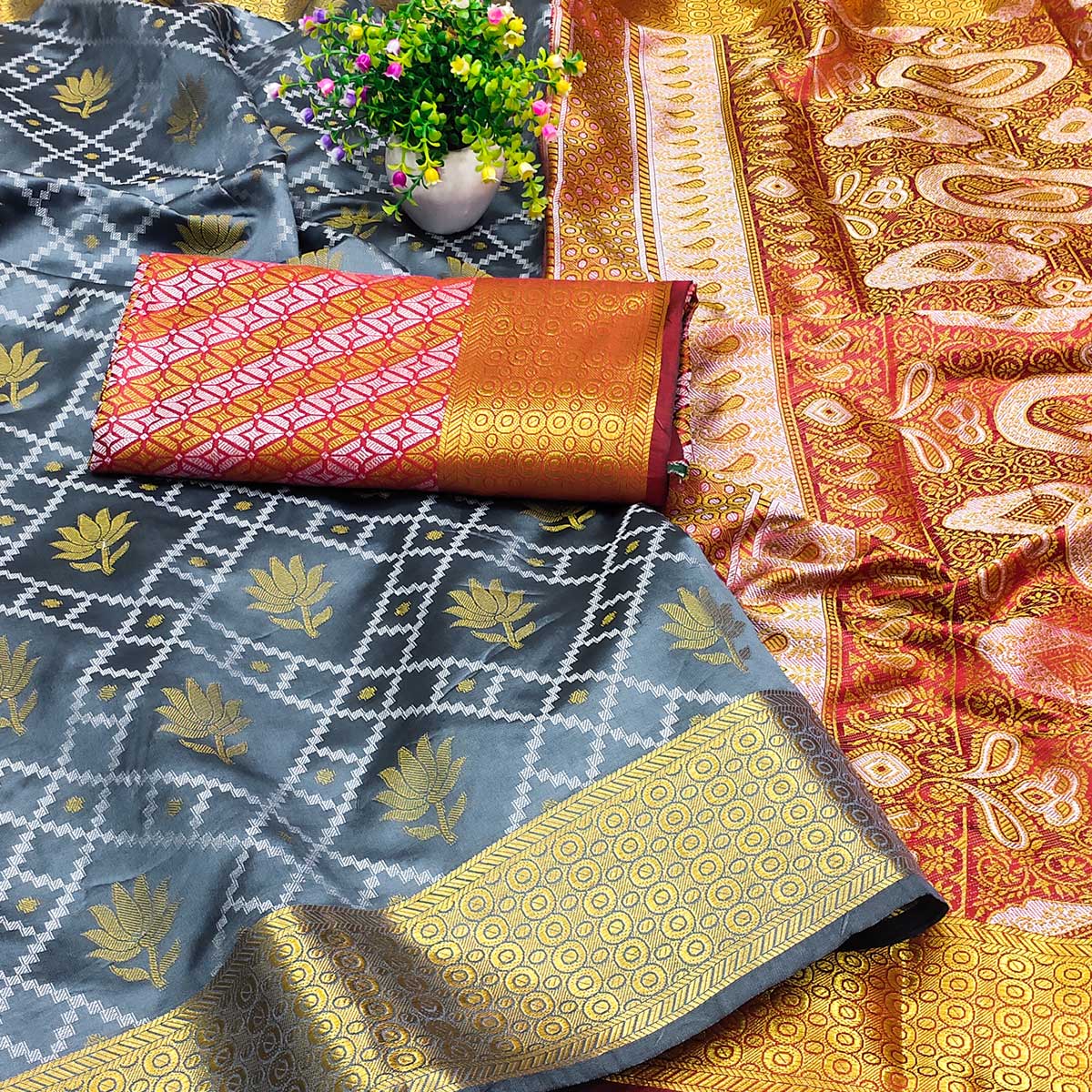 Grey Floral Woven Banarasi Silk Saree