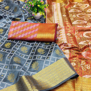 Grey Floral Woven Banarasi Silk Saree