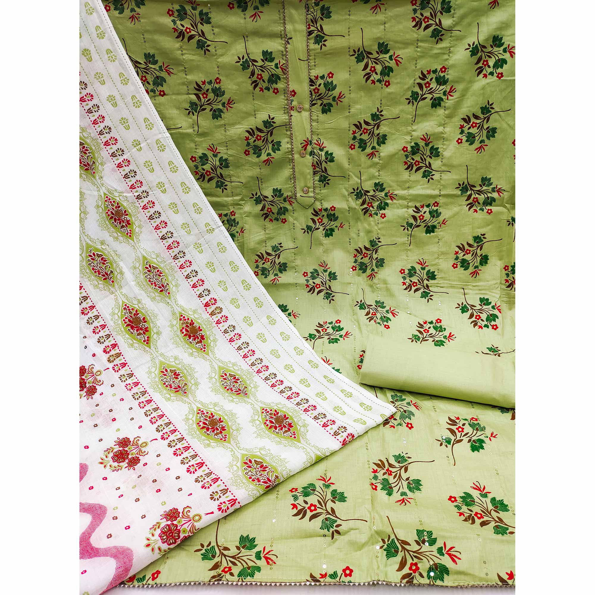 Green Floral Printed With Embroidered Pure Cotton Dress Material