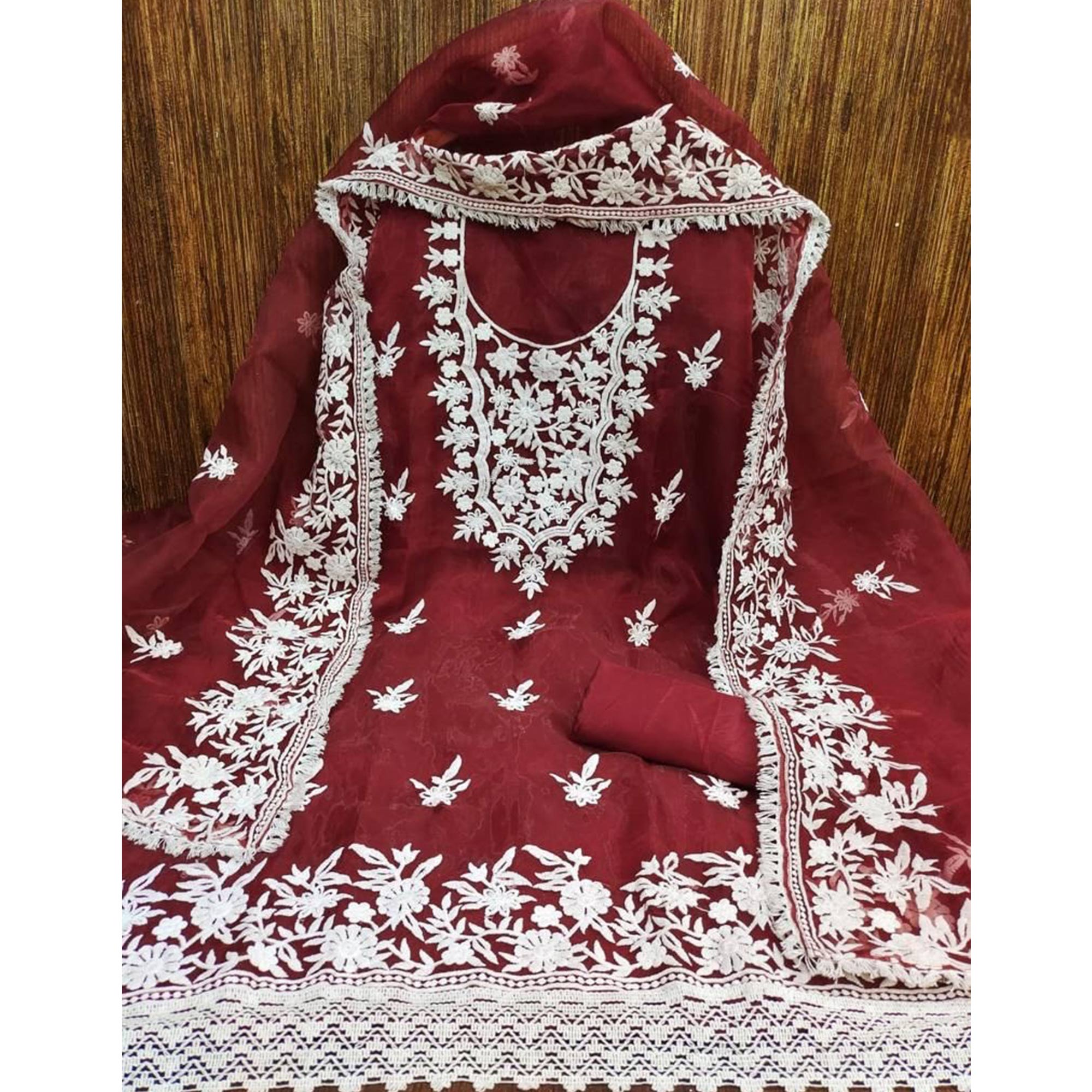 Maroon Floral Embroidered Organza Dress Material