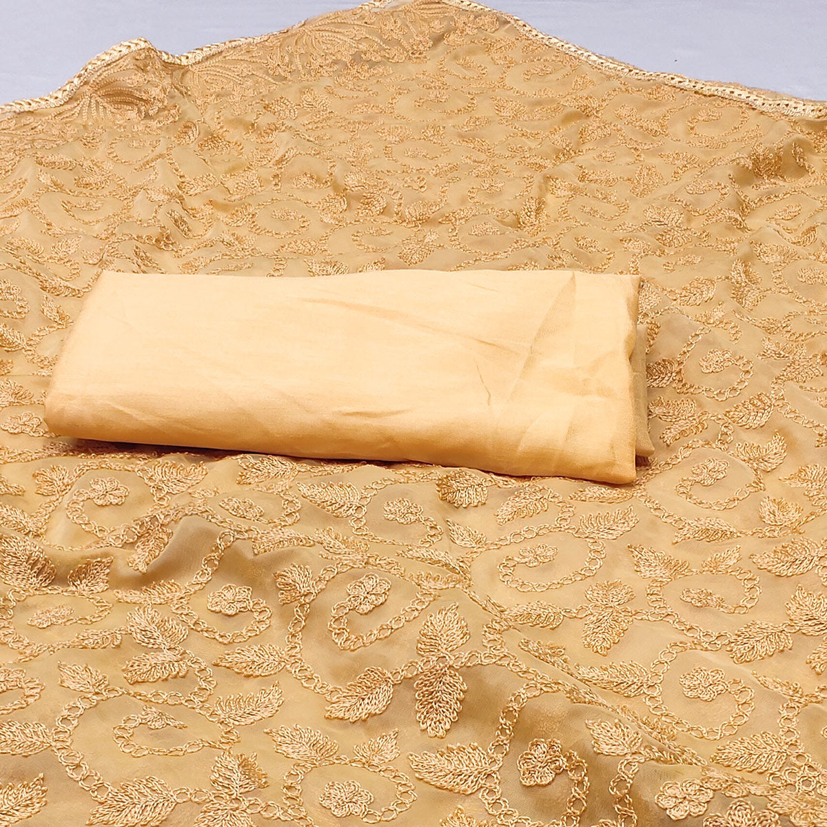 Mustard Yellow Floral Embroidered Organza Saree