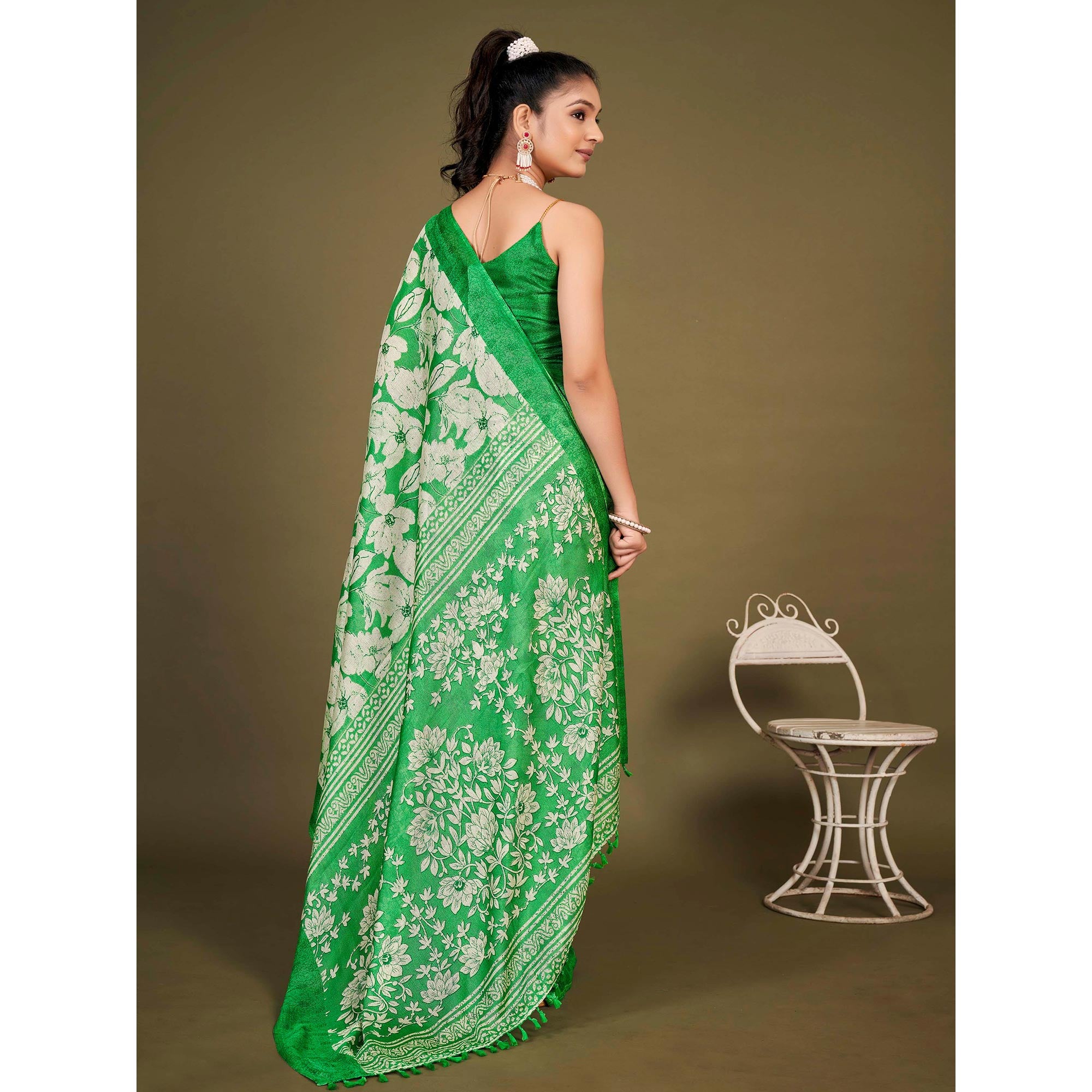 Green Floral Printed Jute Saree With Tassels