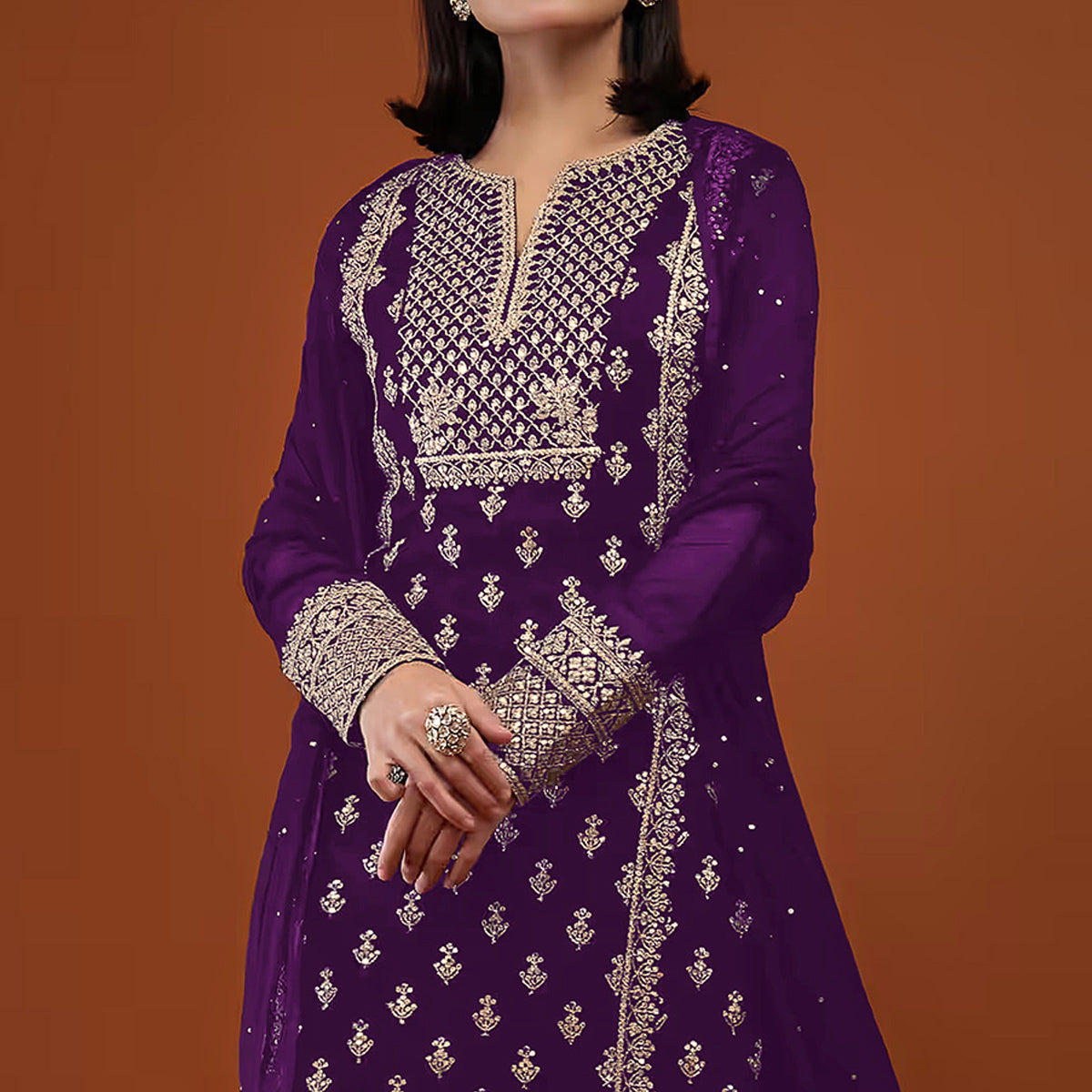 Purple Sequins Embroidered Georgette Semi Stitched Palazzo Suit