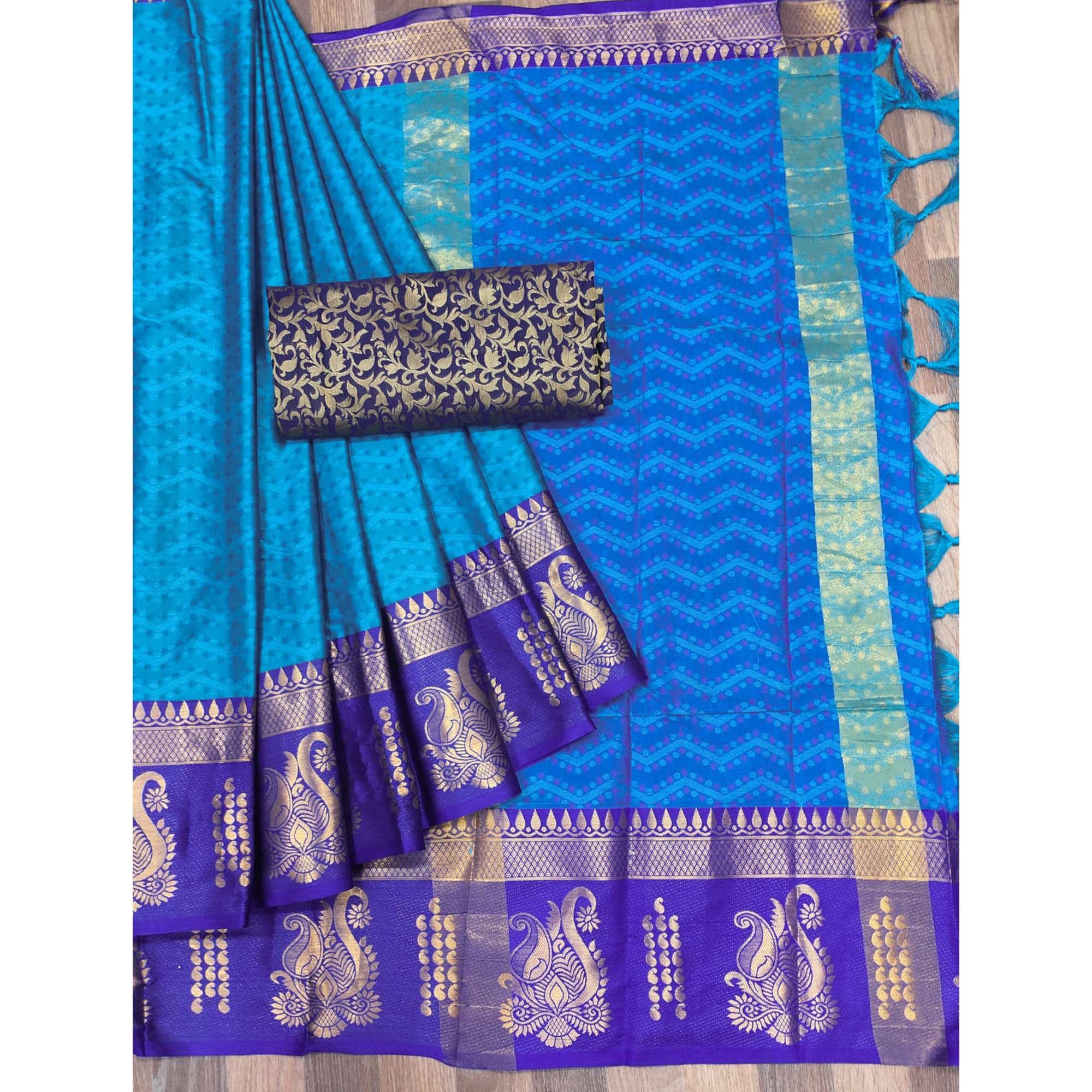 Blue Woven Cotton Silk Saree With Tassels