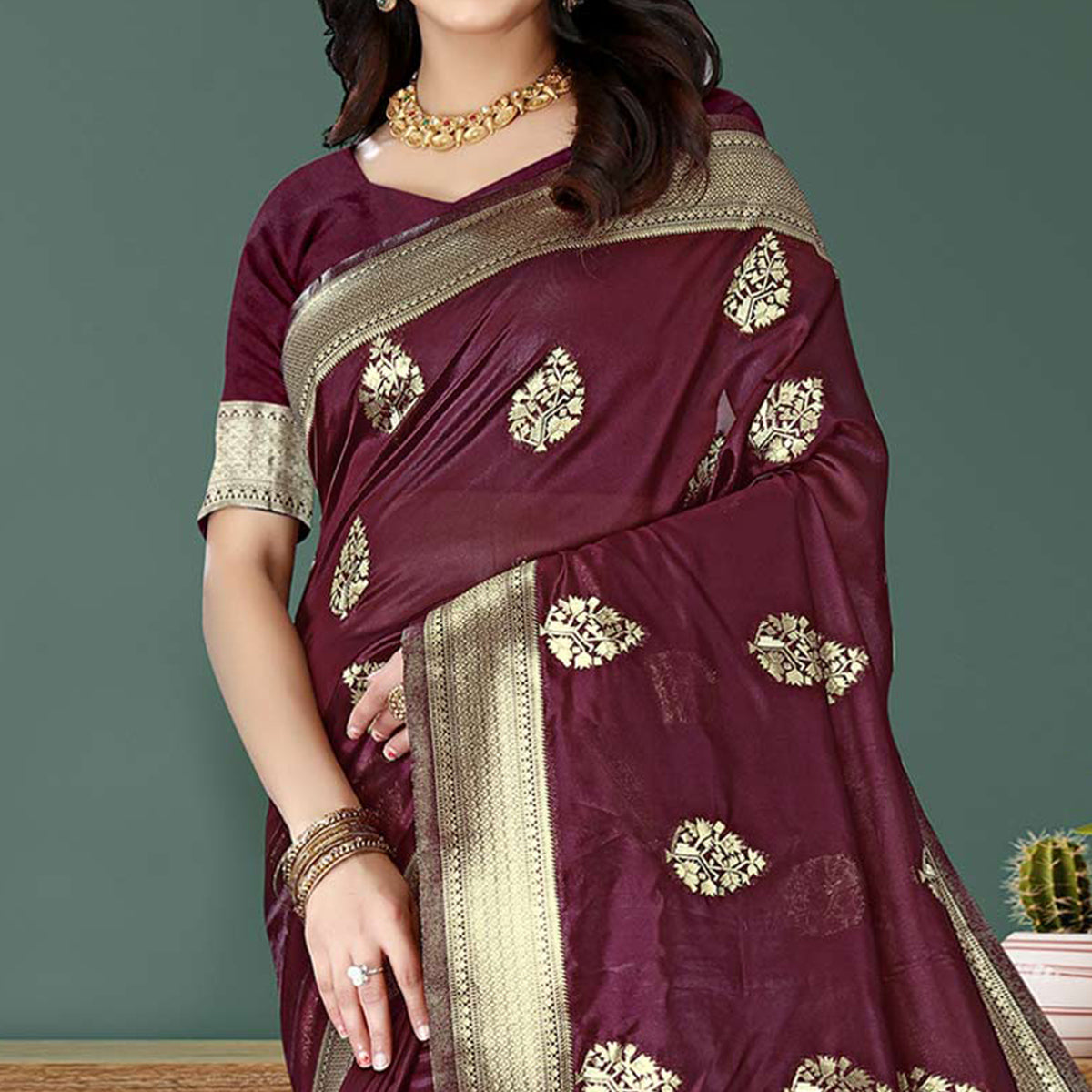 Wine Woven Art Silk Saree With Tassels
