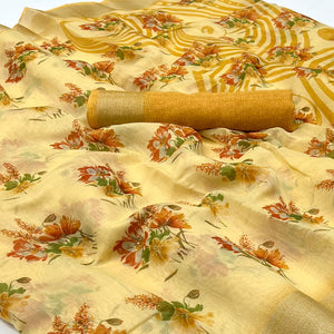 Yellow Floral Printed Linen Saree