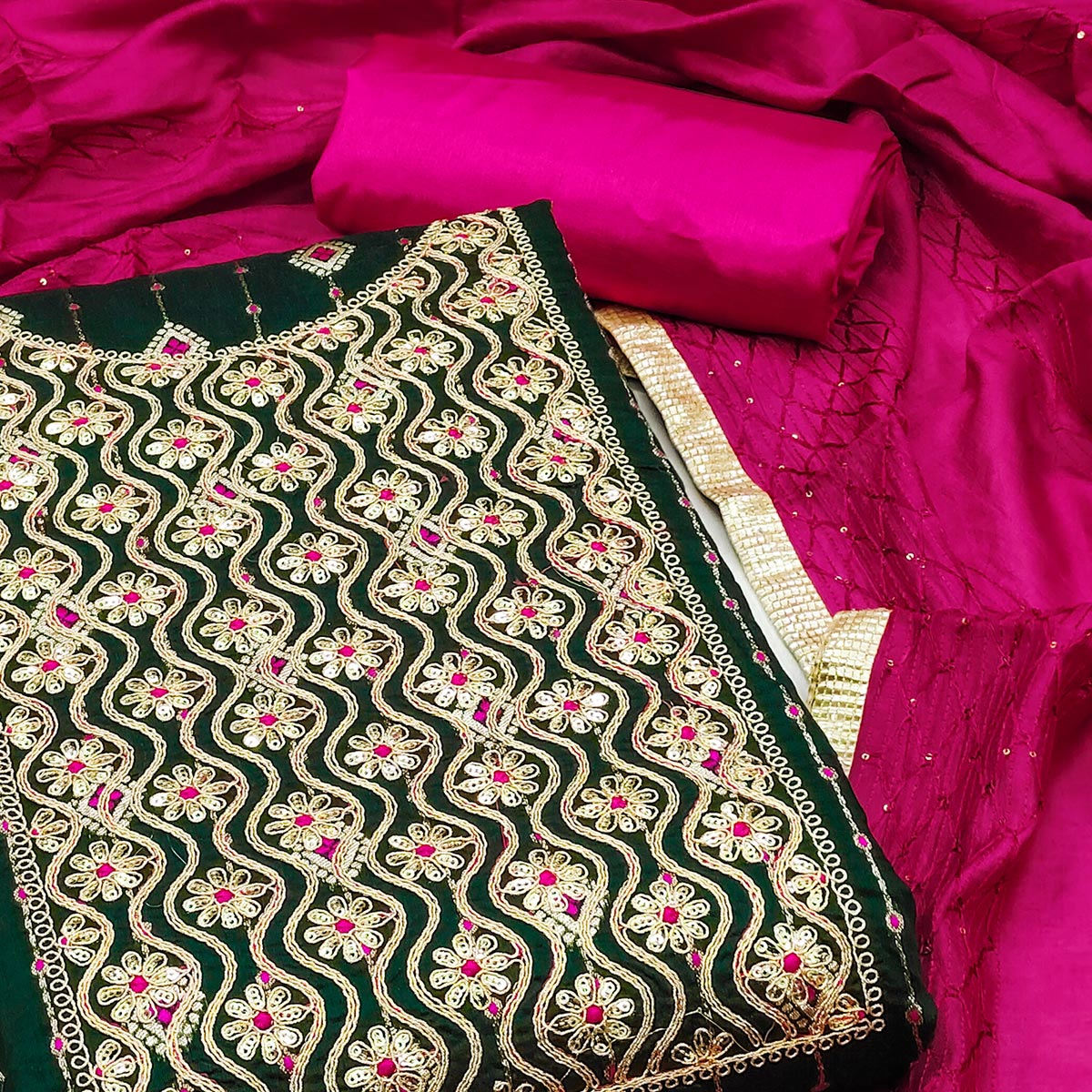 Green Woven With Embroidered Modal Dress Material