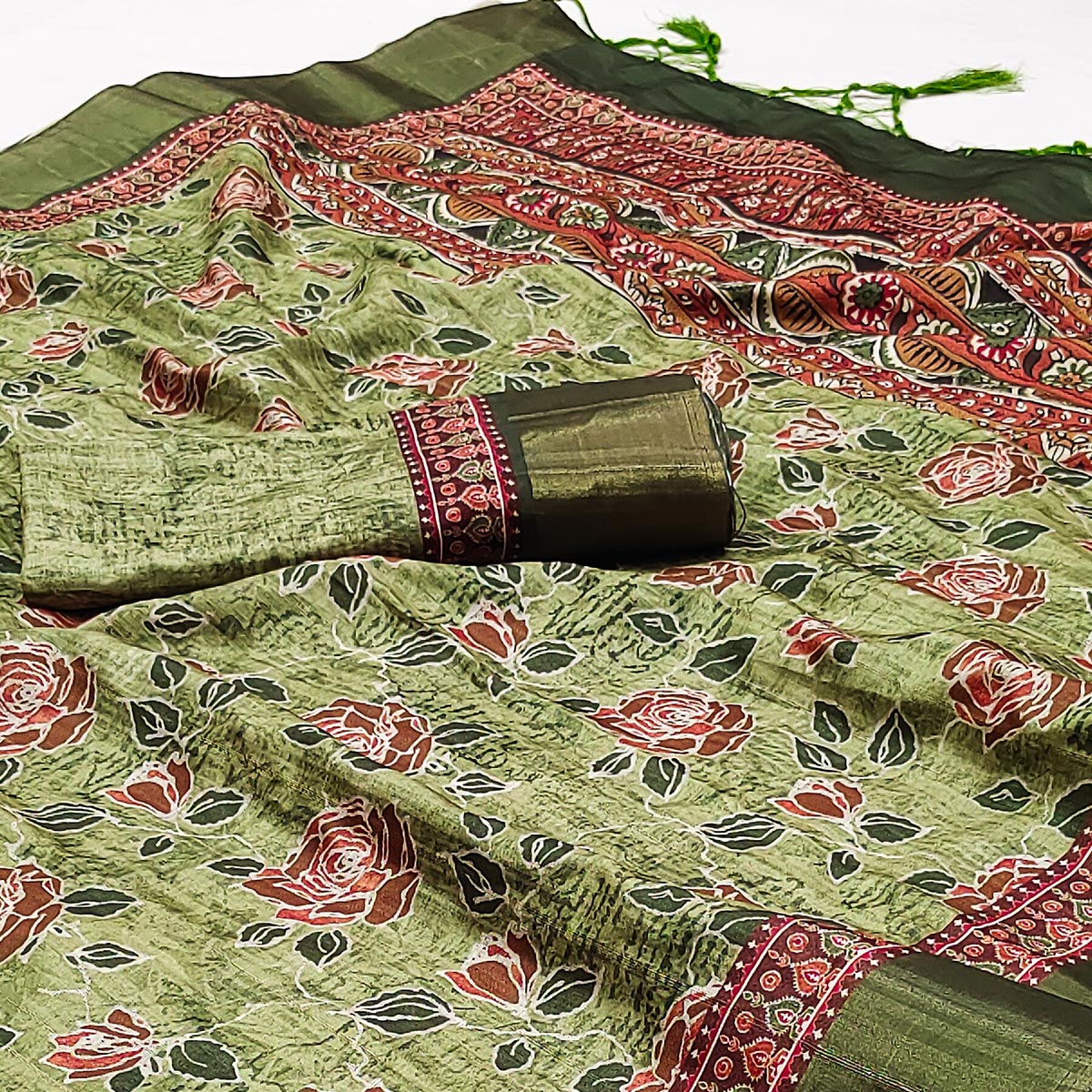 Green Floral Printed Matka Tussar Saree With Tassels