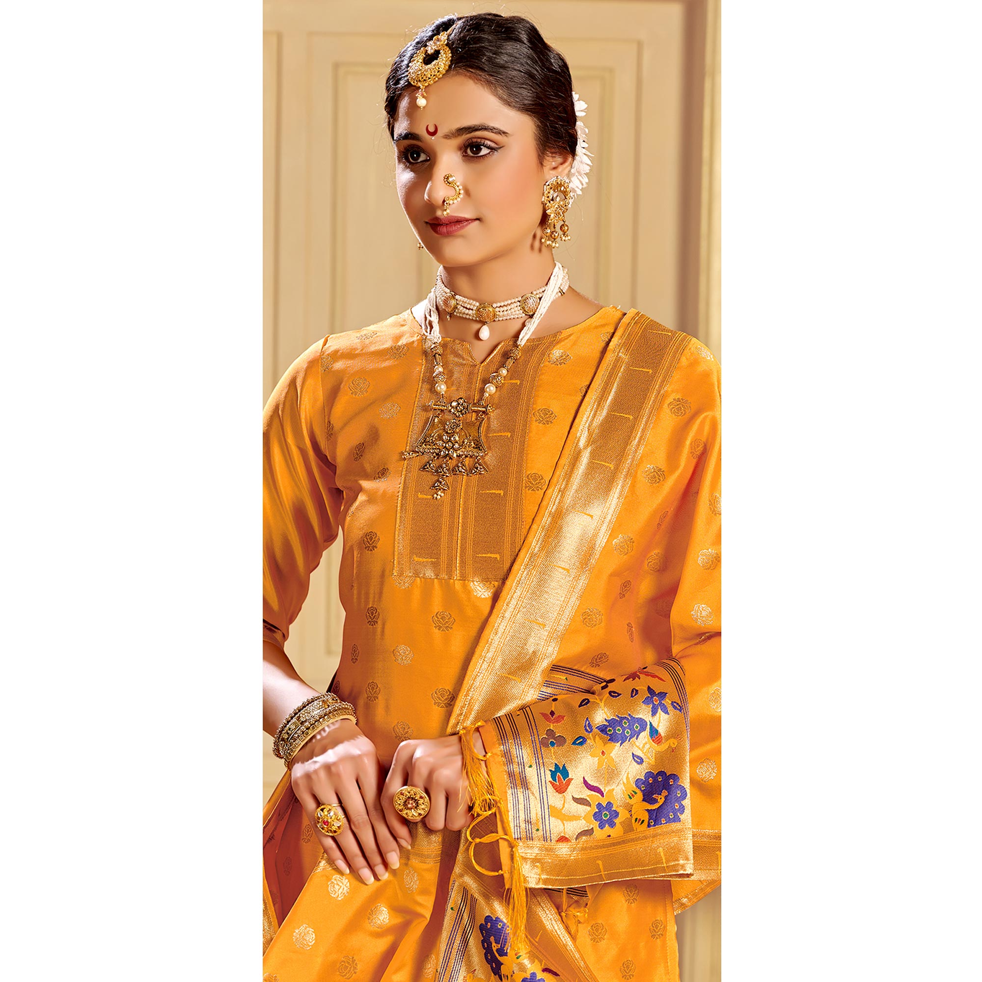 Yellow Floral Woven Tapetta Silk Salwar Suit