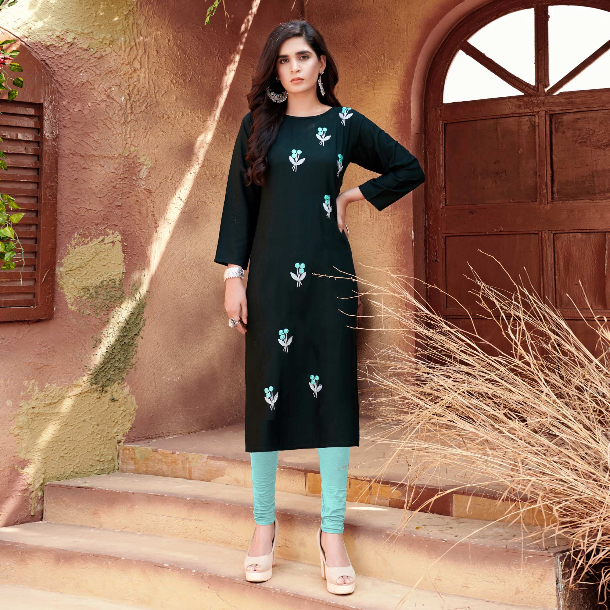 Black Floral Embroidered Rayon Kurti