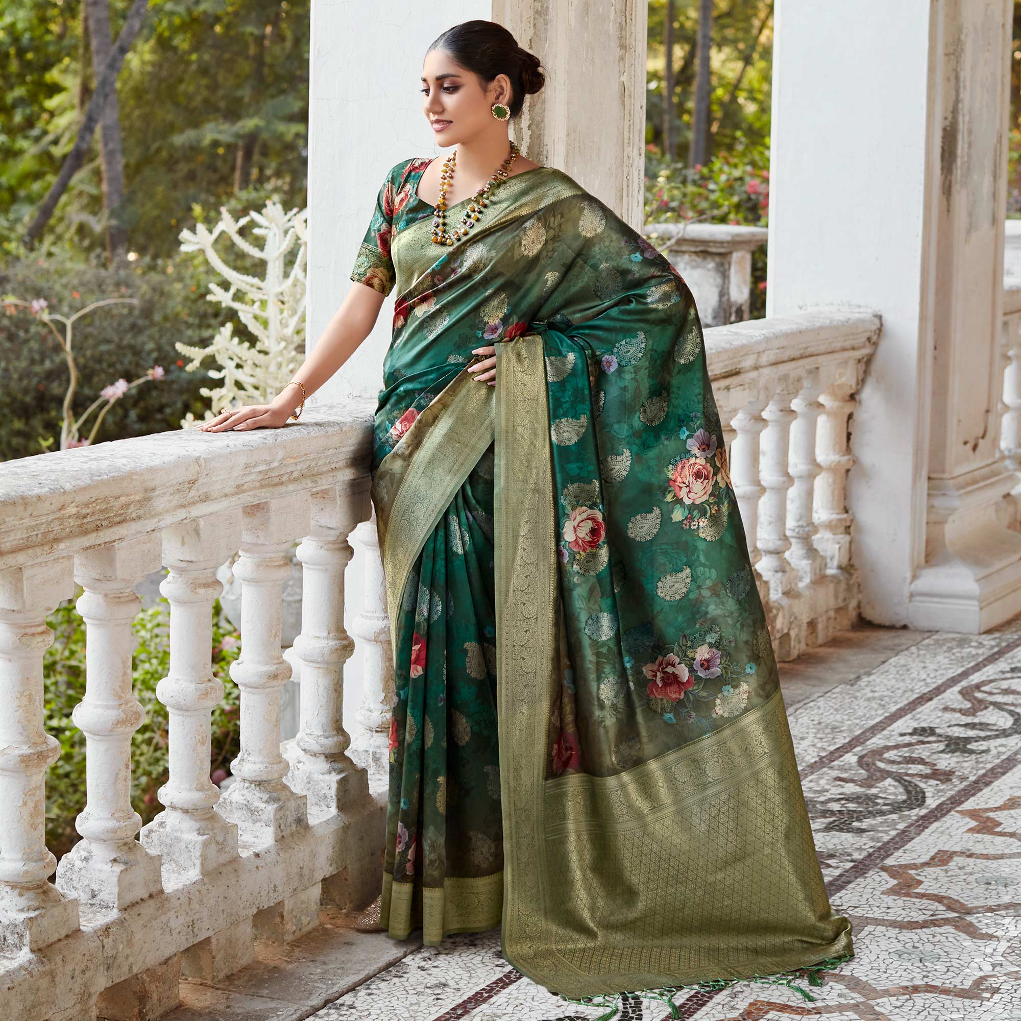 Green Woven With Floral Printed Art Silk Saree
