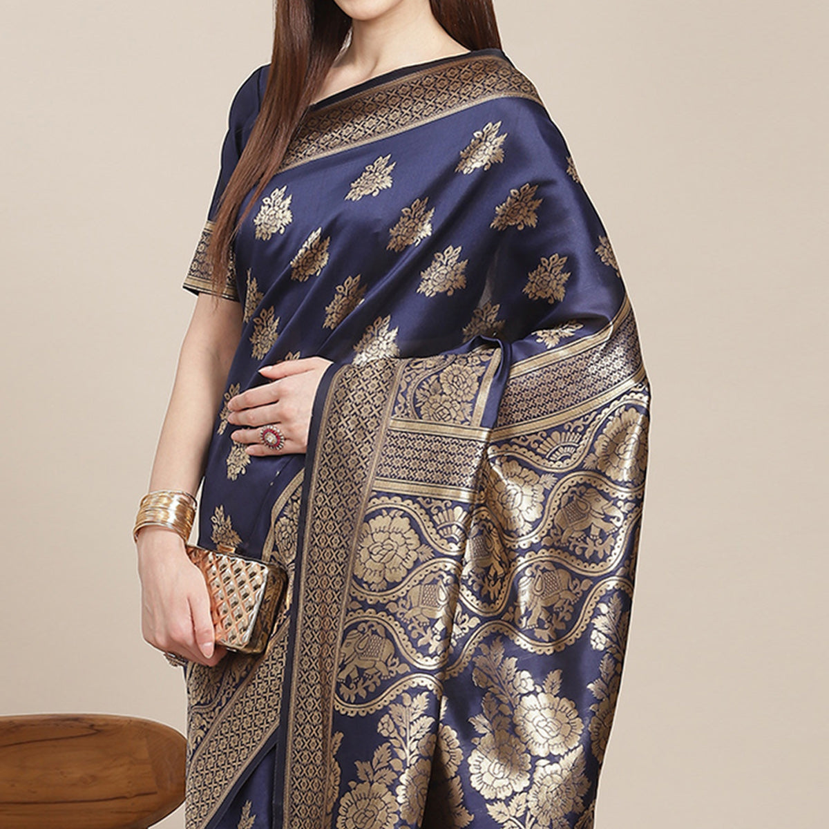 Navy Blue Woven Banarasi Silk Saree