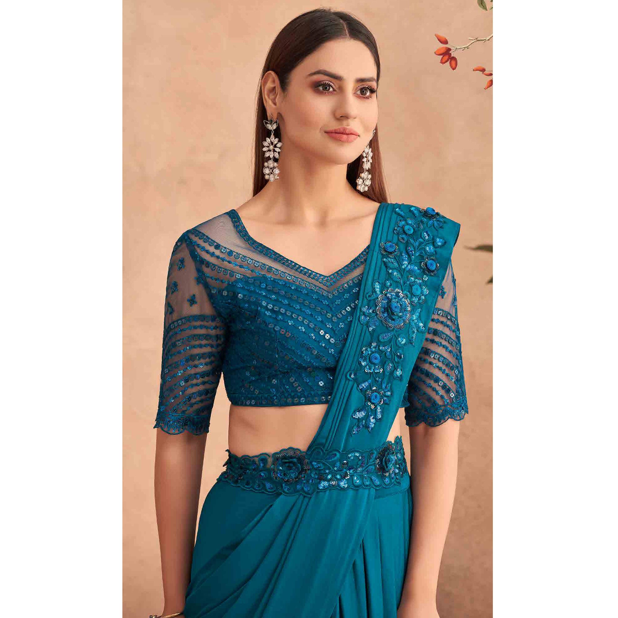 Teal Blue Sequins Embroidered Ready to Wear Lycra Saree