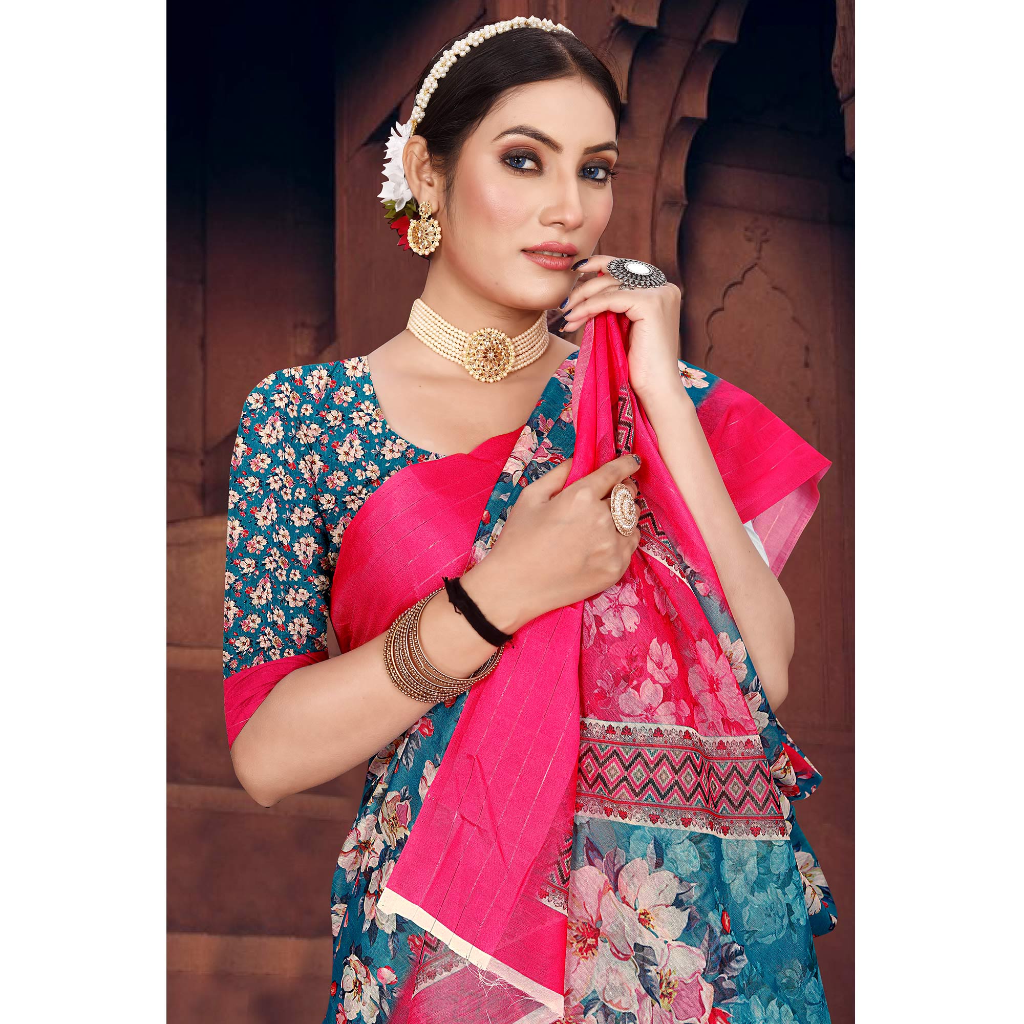 Blue Digital Printed Cotton Blend Saree